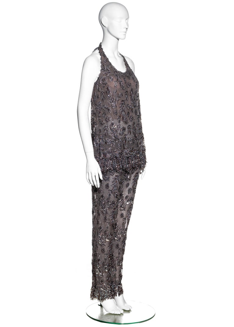 Women's Chanel by Karl Lagerfeld Haute Couture mauve embroidered lace pant suit, fw 2002 For Sale