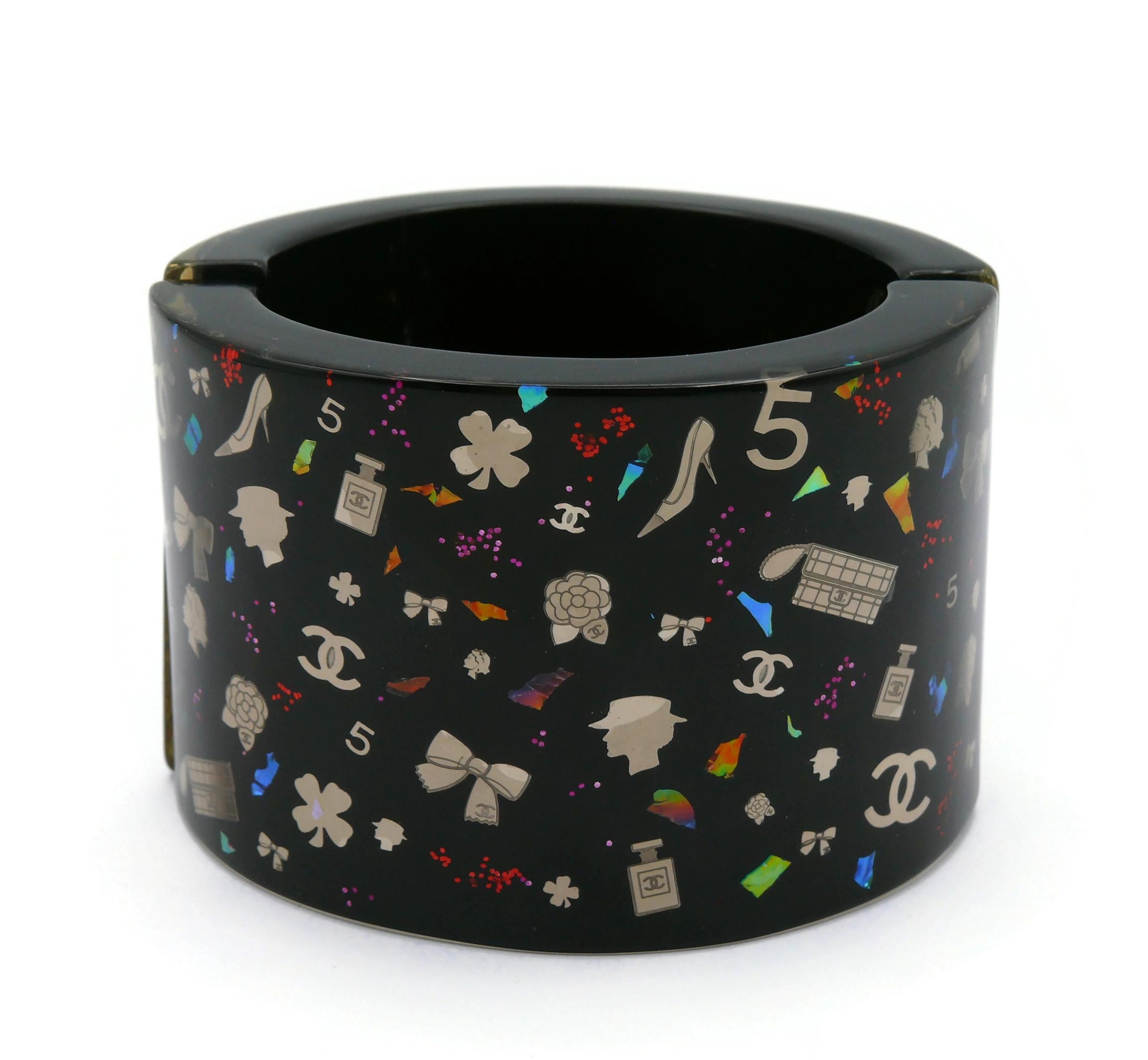 Women's CHANEL by KARL LAGERFELD Iconic Symbols Black Cuff Bracelet, Fall 2006 For Sale