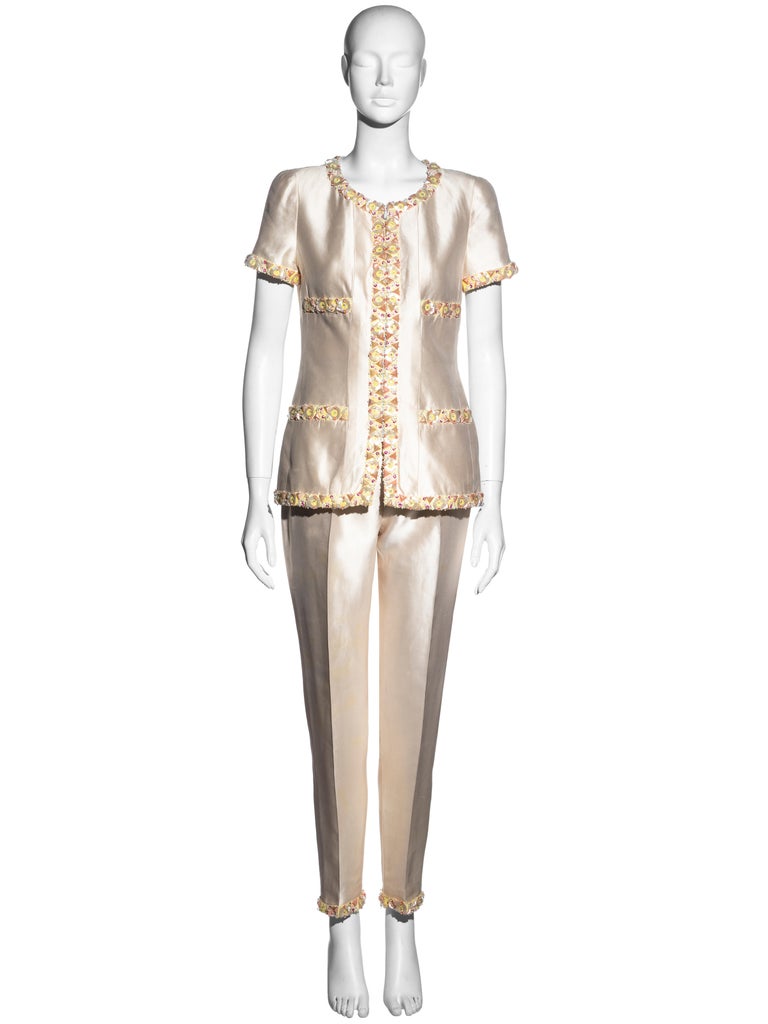 Chanel by Karl Lagerfeld ivory silk embellished evening pant suit