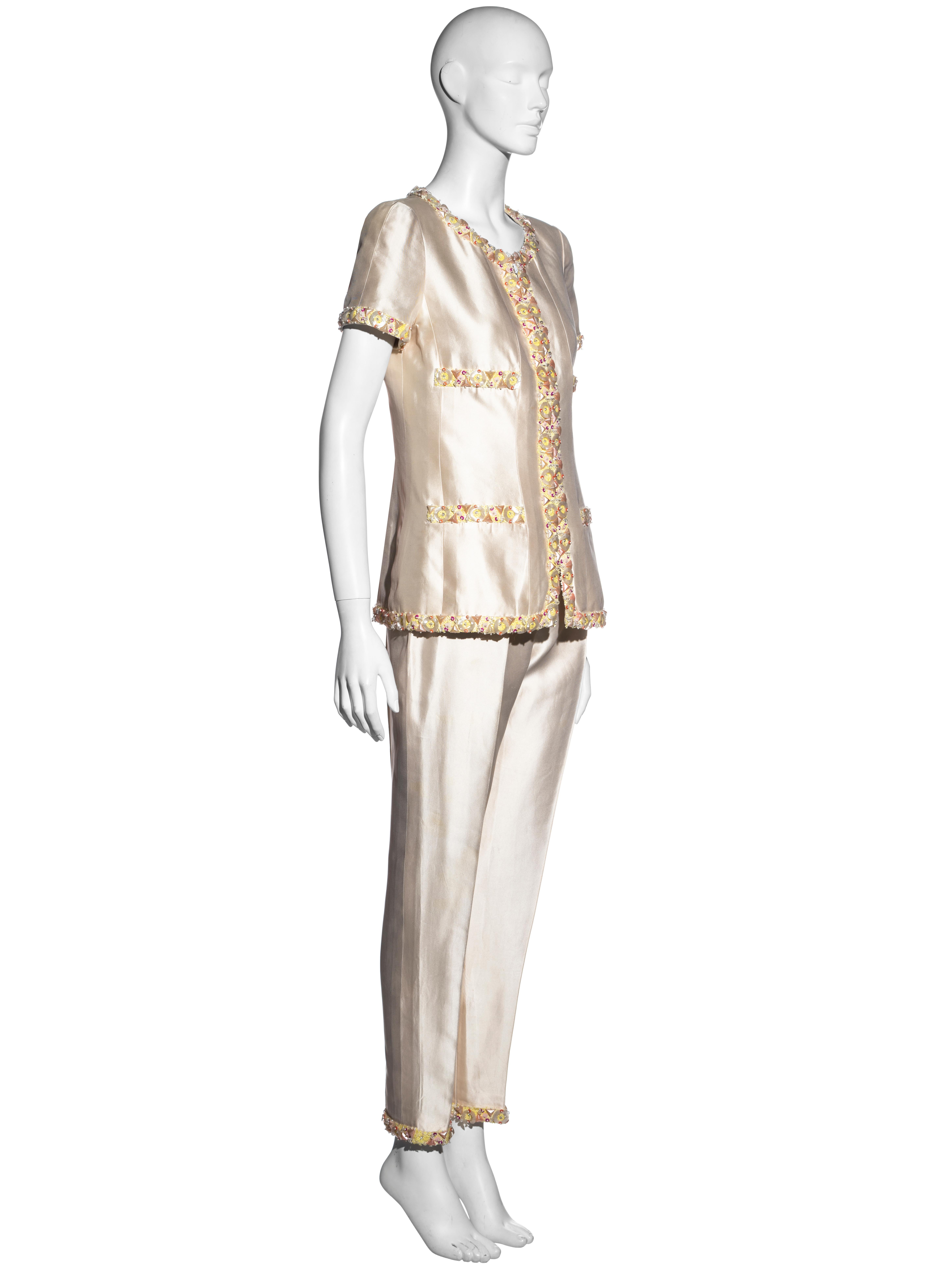 Beige Chanel by Karl Lagerfeld ivory silk embellished evening pant suit, ss 1996 For Sale