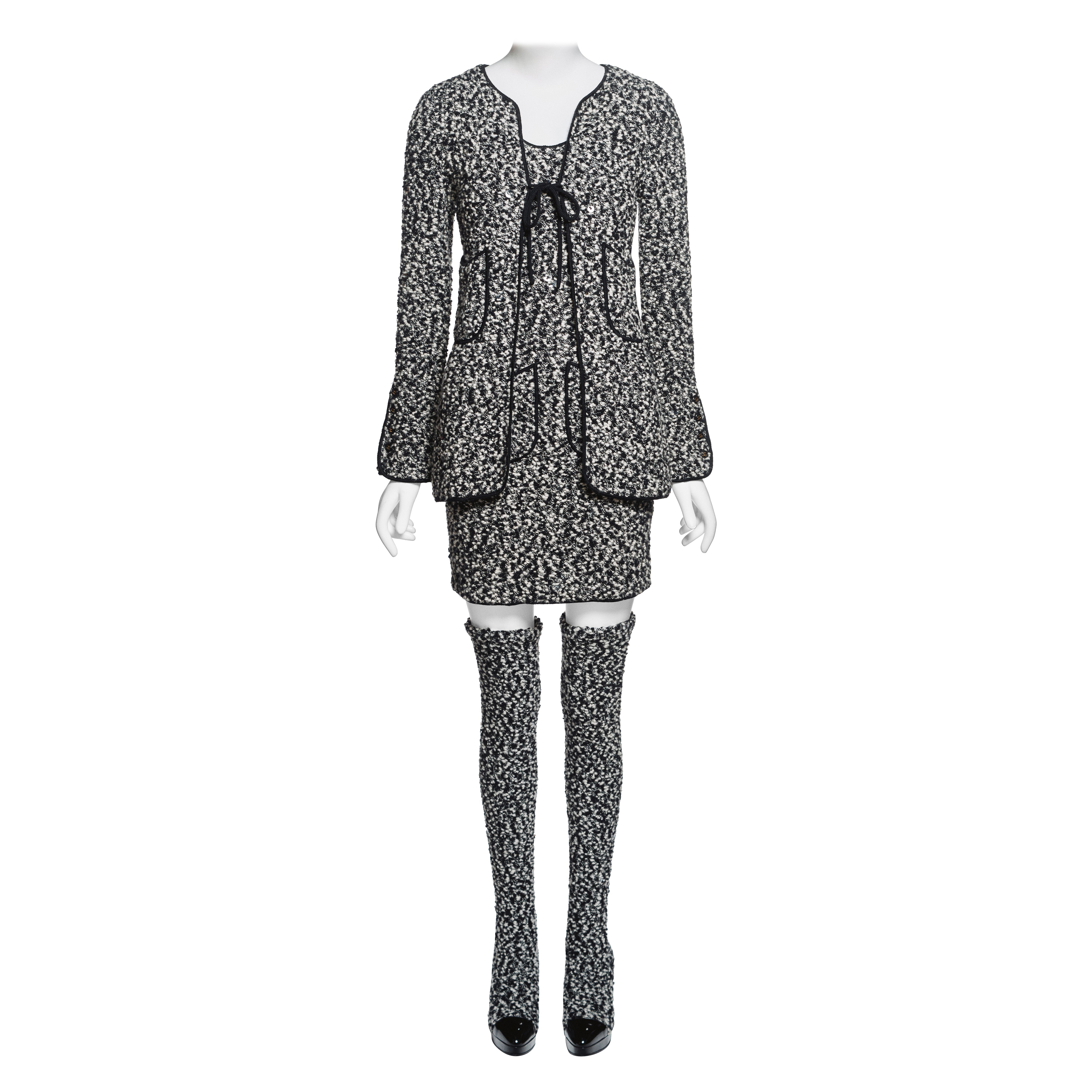 Chanel by Karl Lagerfeld Knit Dress, Cardigan 
Boots Runway Ensemble, FW 1994 For Sale