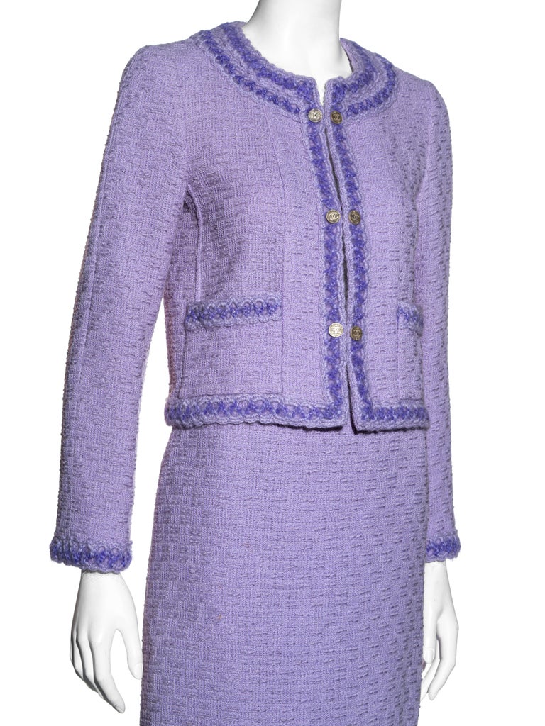 Chanel by Karl Lagerfeld lilac tweed jacket and maxi skirt suit