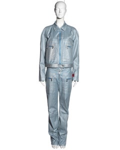 Chanel by Karl Lagerfeld metallic blue cotton jacket and pants set, ss 2002