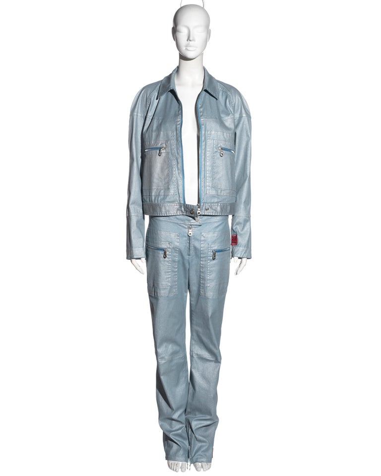 Chanel by Karl Lagerfeld metallic blue cotton jacket and pants set, ss 2002  For Sale at 1stDibs