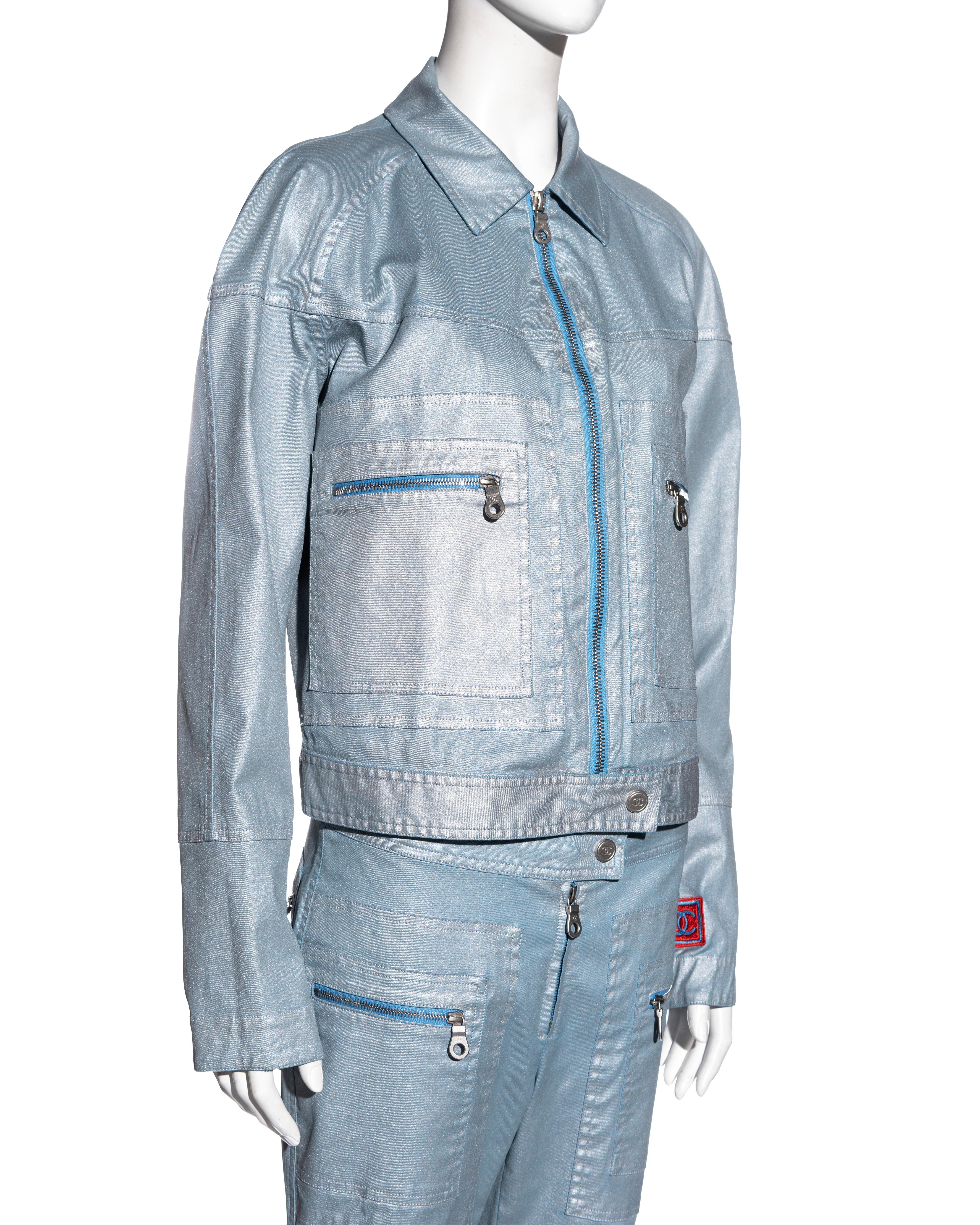 Gray Chanel by Karl Lagerfeld metallic blue cotton jacket and pants set, ss 2002 For Sale