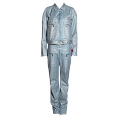 Ensemble veste et pantalon en coton bleu métallisé Chanel par Karl Lagerfeld, printemps-été 2002