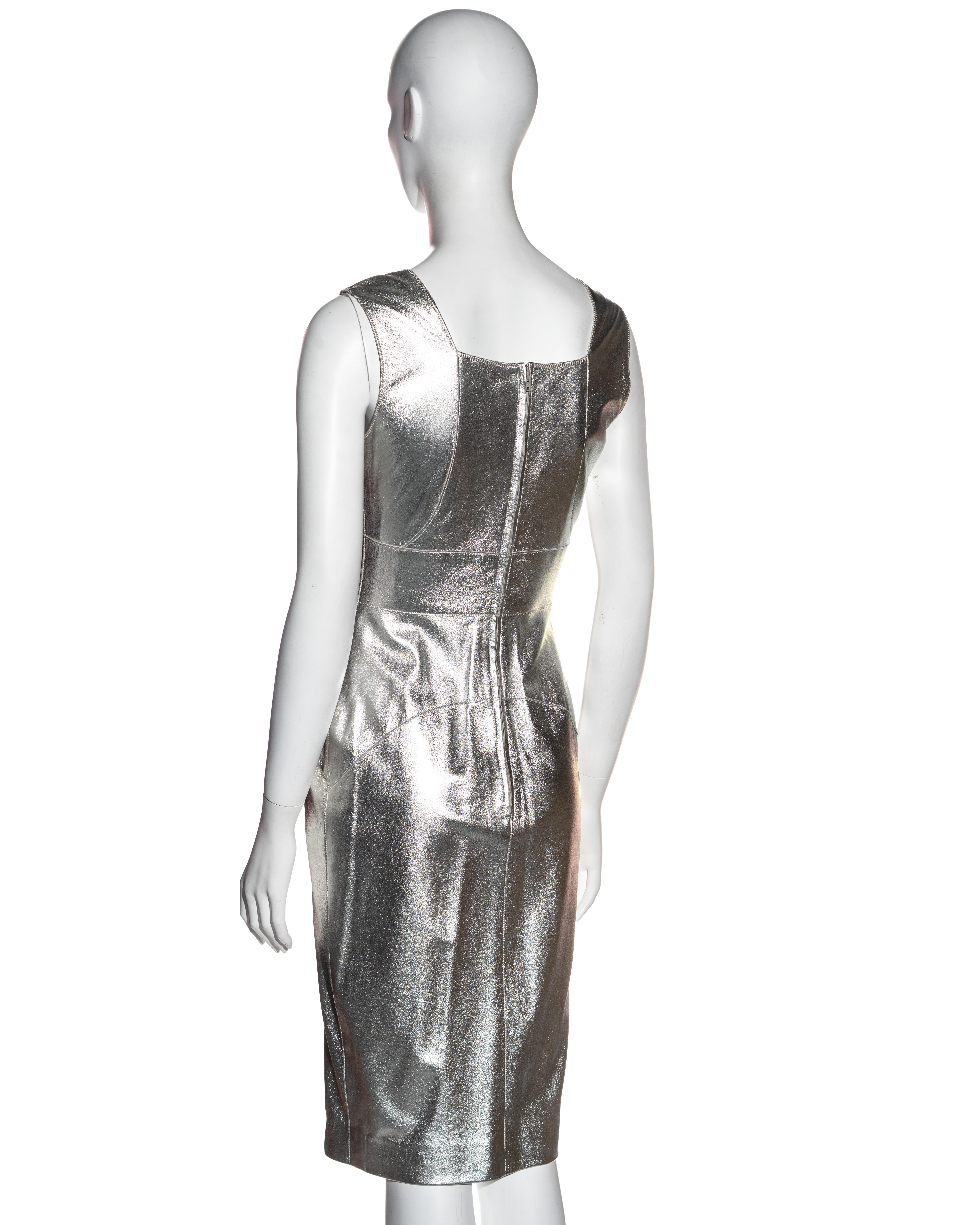 Chanel by Karl Lagerfeld metallic silver leather sheath dress, fw 1999 In Excellent Condition For Sale In London, GB