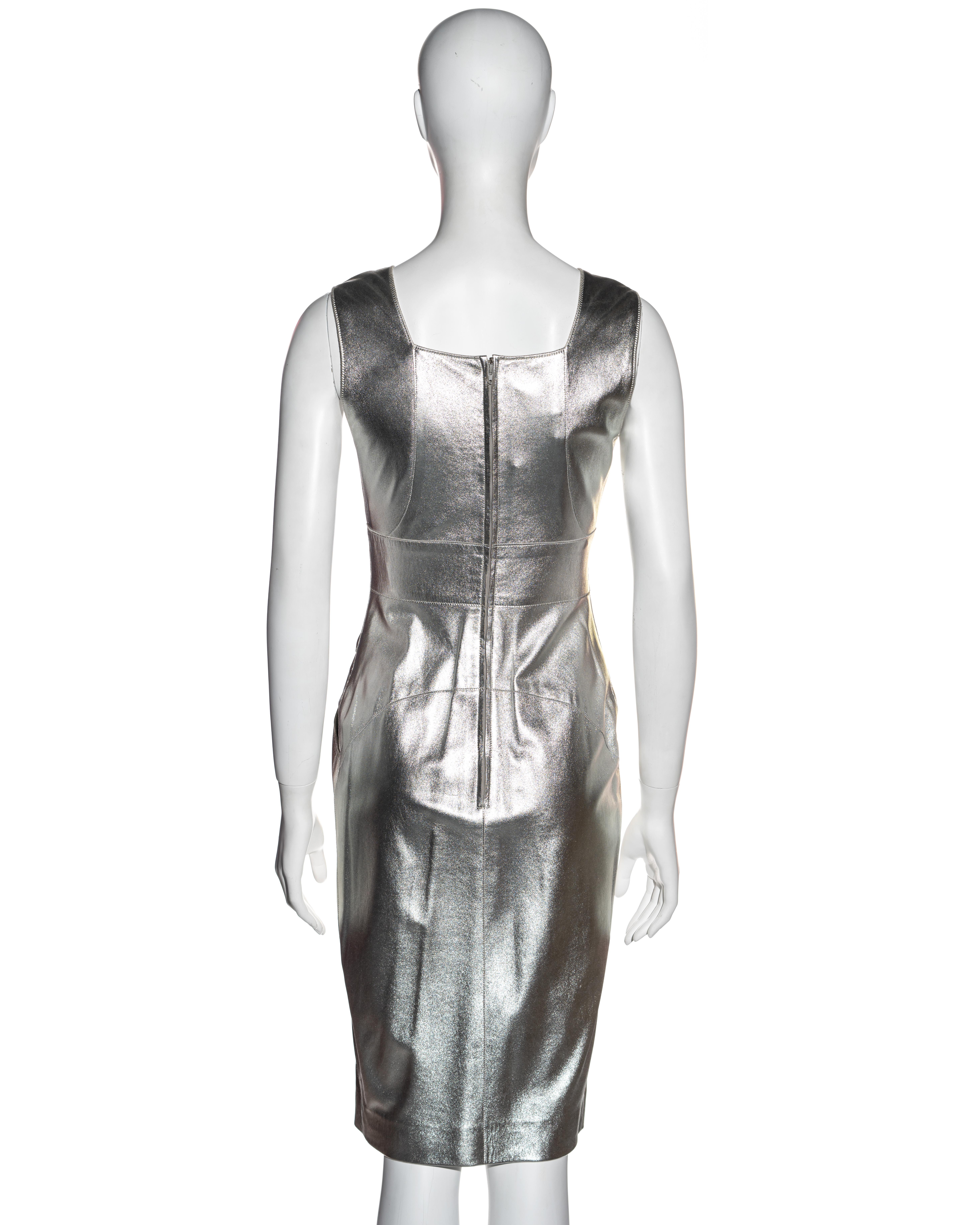 Women's Chanel by Karl Lagerfeld metallic silver leather sheath dress, fw 1999 For Sale