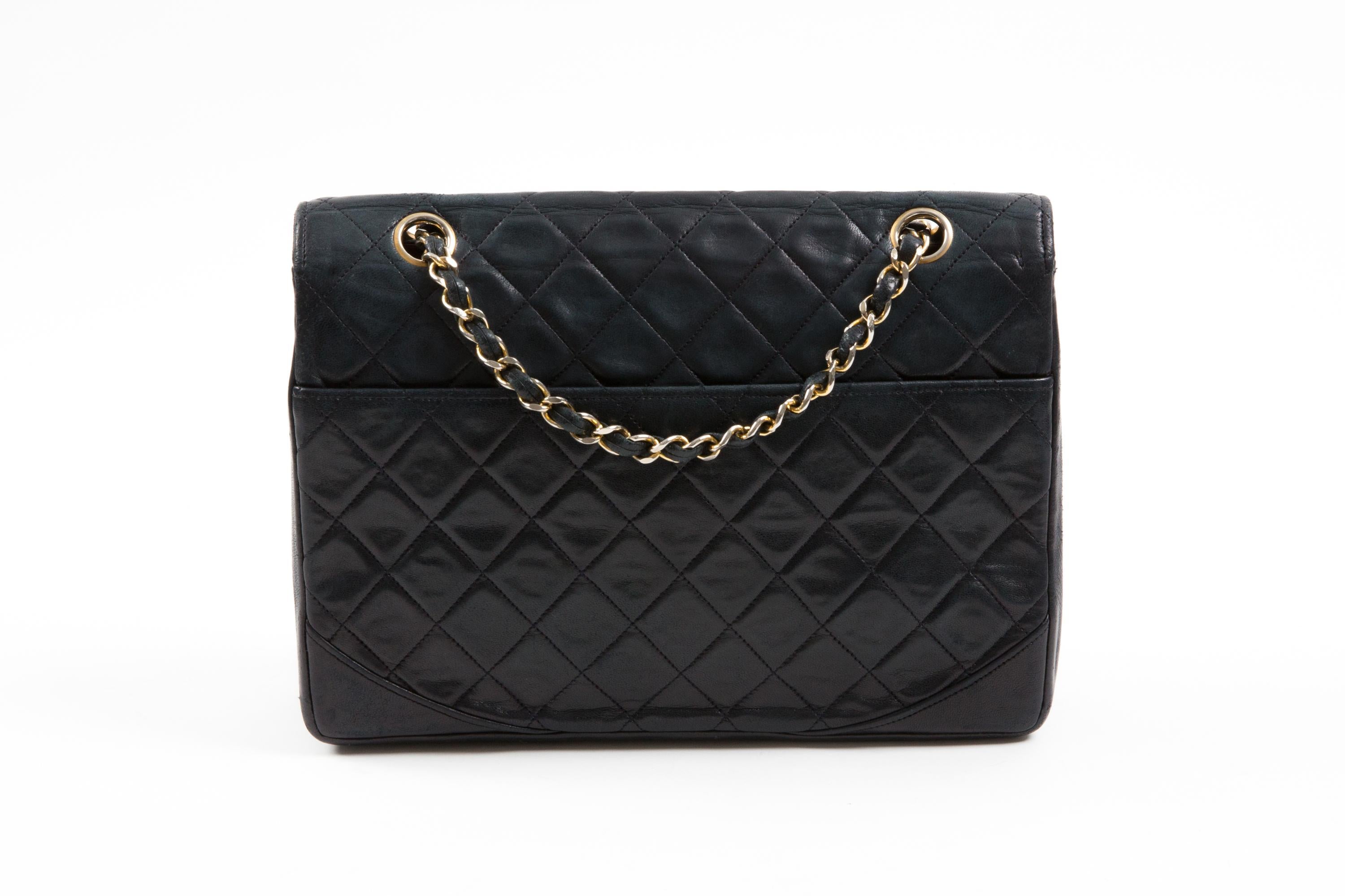 Black Chanel by Karl Lagerfeld Navy Quilted Lambskin Double Flap Bag For Sale