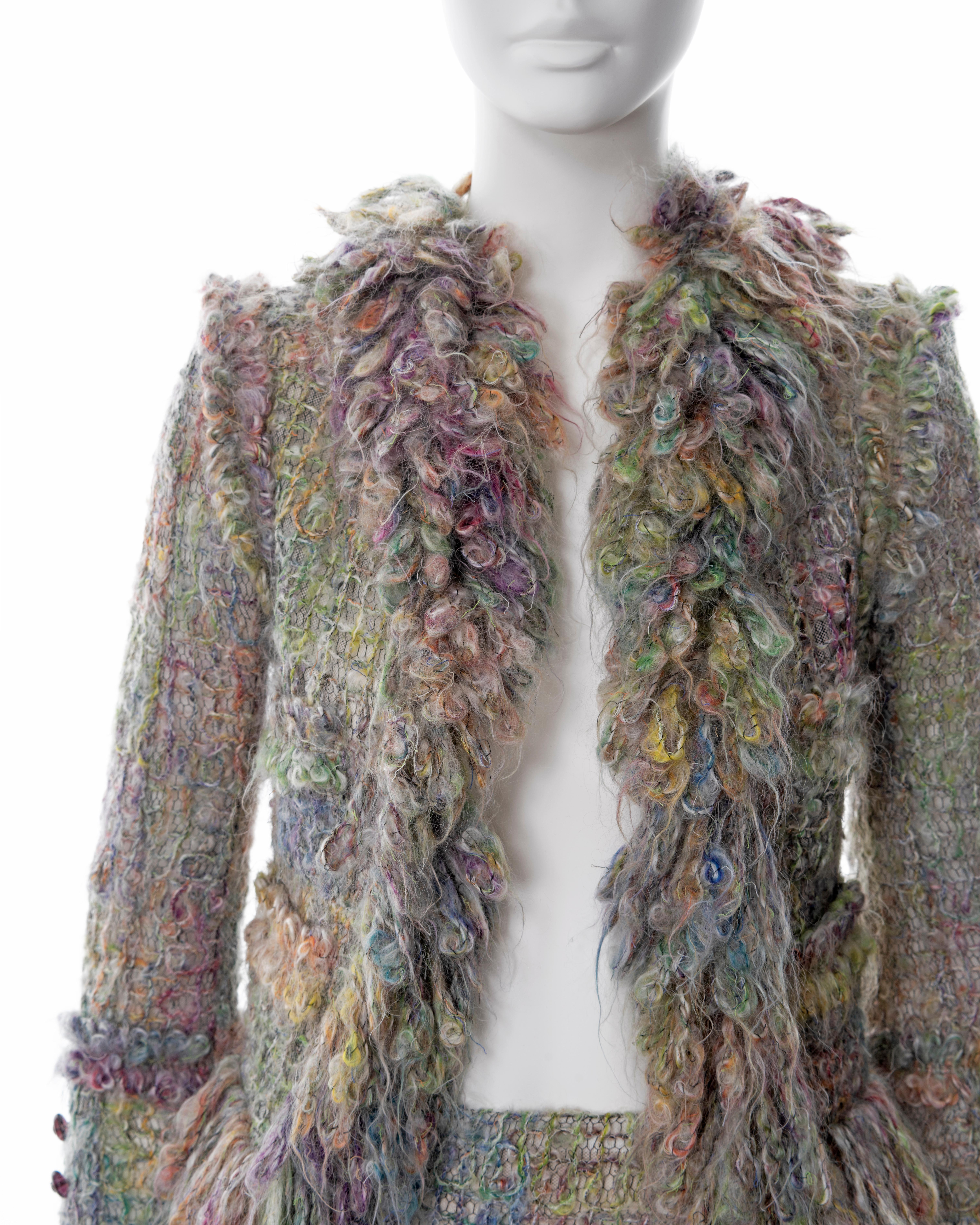 Women's Chanel by Karl Lagerfeld open-knit multicoloured mohair skirt suit, fw 2003  For Sale