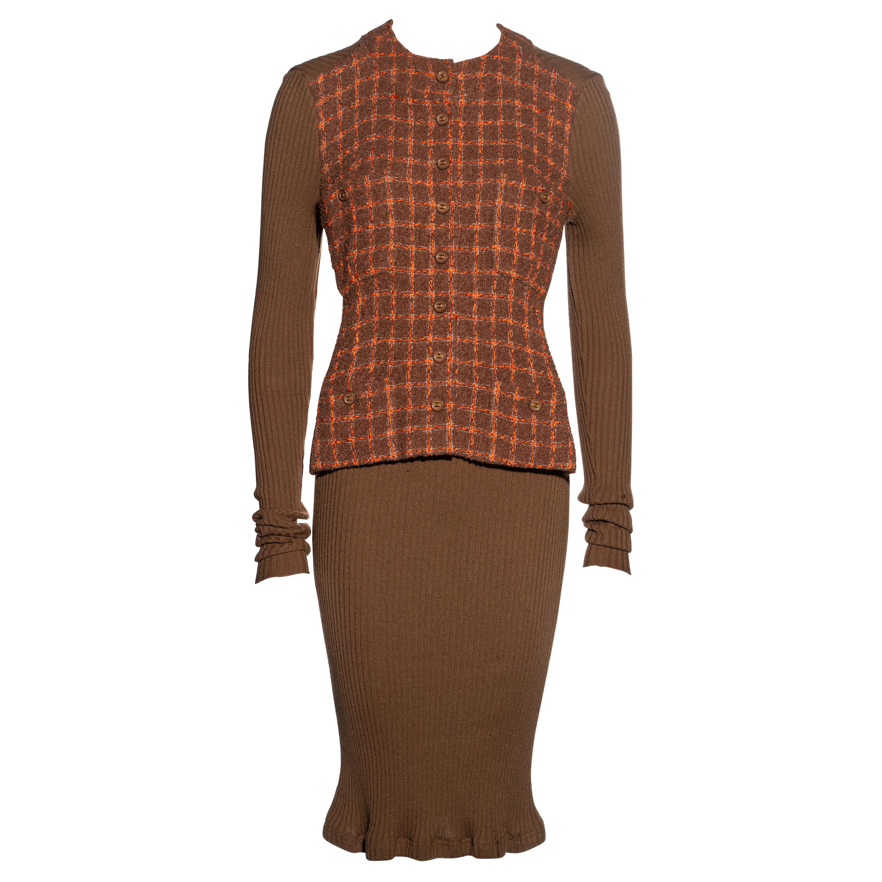 Chanel by Karl Lagerfeld orange and brown knit and tweed jacket dress, fw 1995