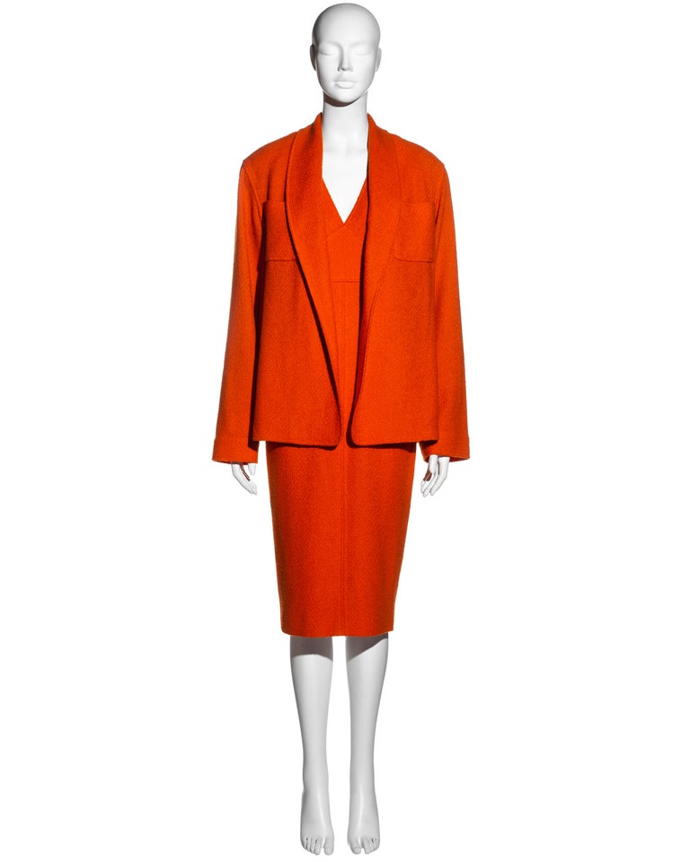 Women's Chanel by Karl Lagerfeld orange bouclé wool dress and jacket set, fw 1995 For Sale