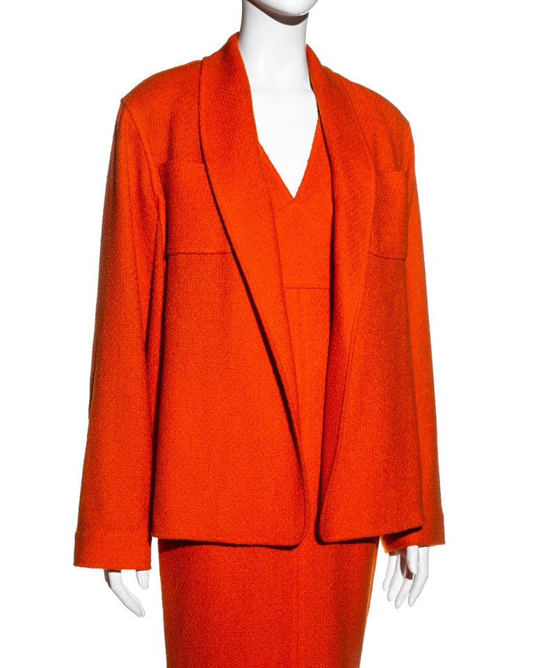 Chanel by Karl Lagerfeld orange bouclé wool dress and jacket set, fw 1995 For Sale 2