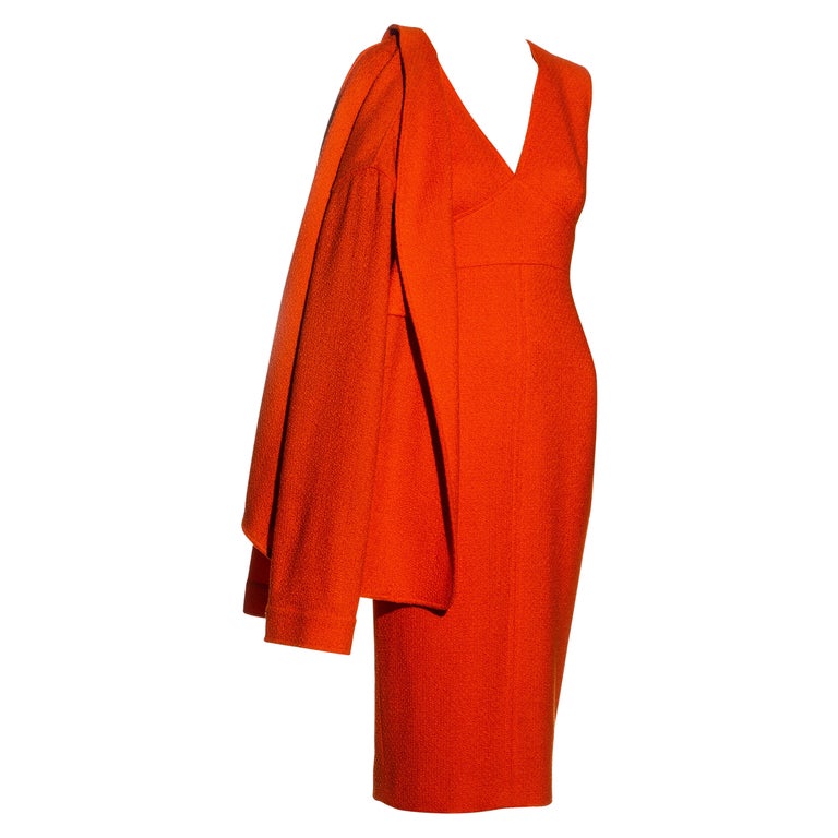 Chanel By Karl Lagerfeld Orange Boucl Wool Dress And Jacket Set, Fw 1995