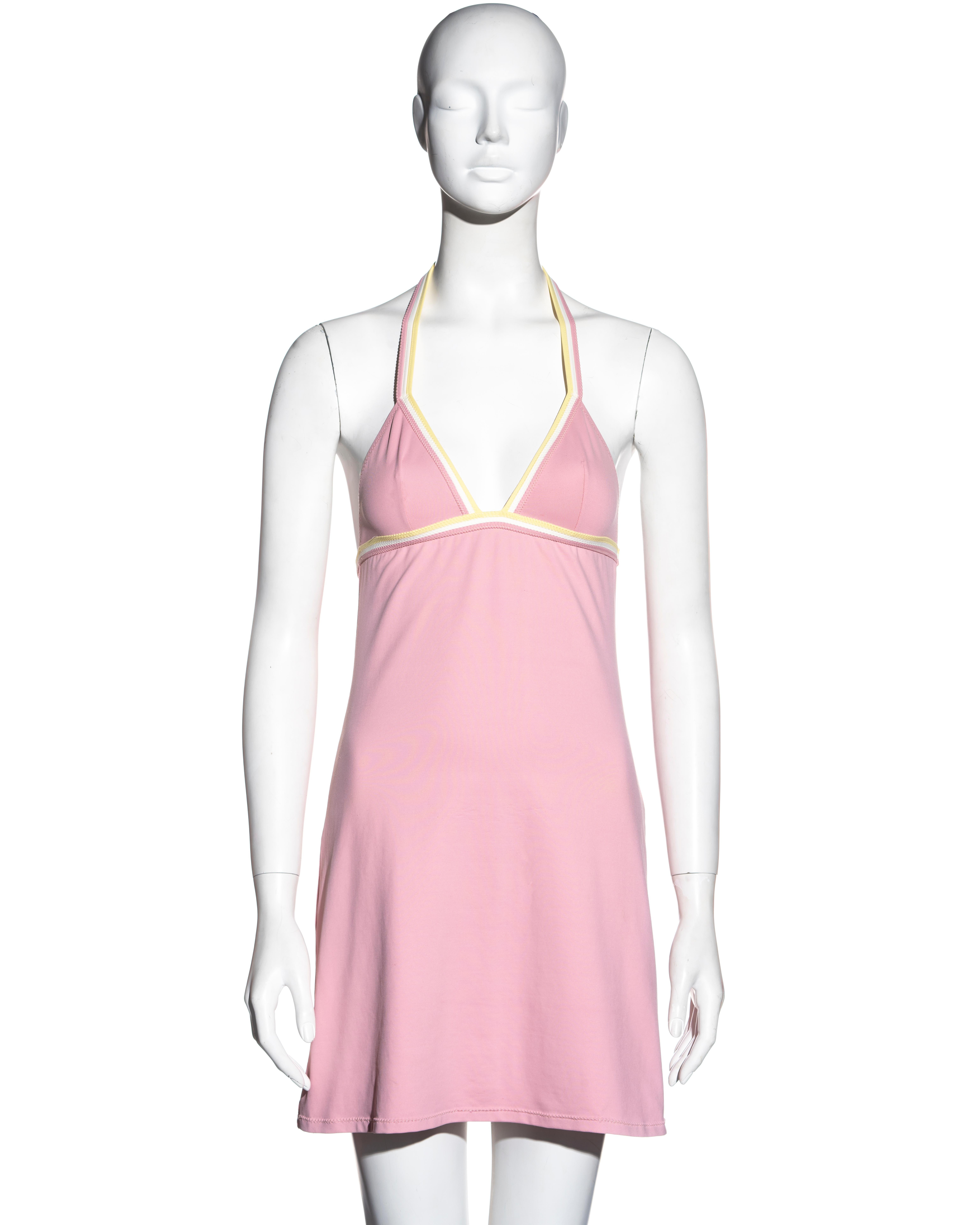 Pink Chanel by Karl Lagerfeld pink nylon spandex halter mini dress, c 2004 For Sale