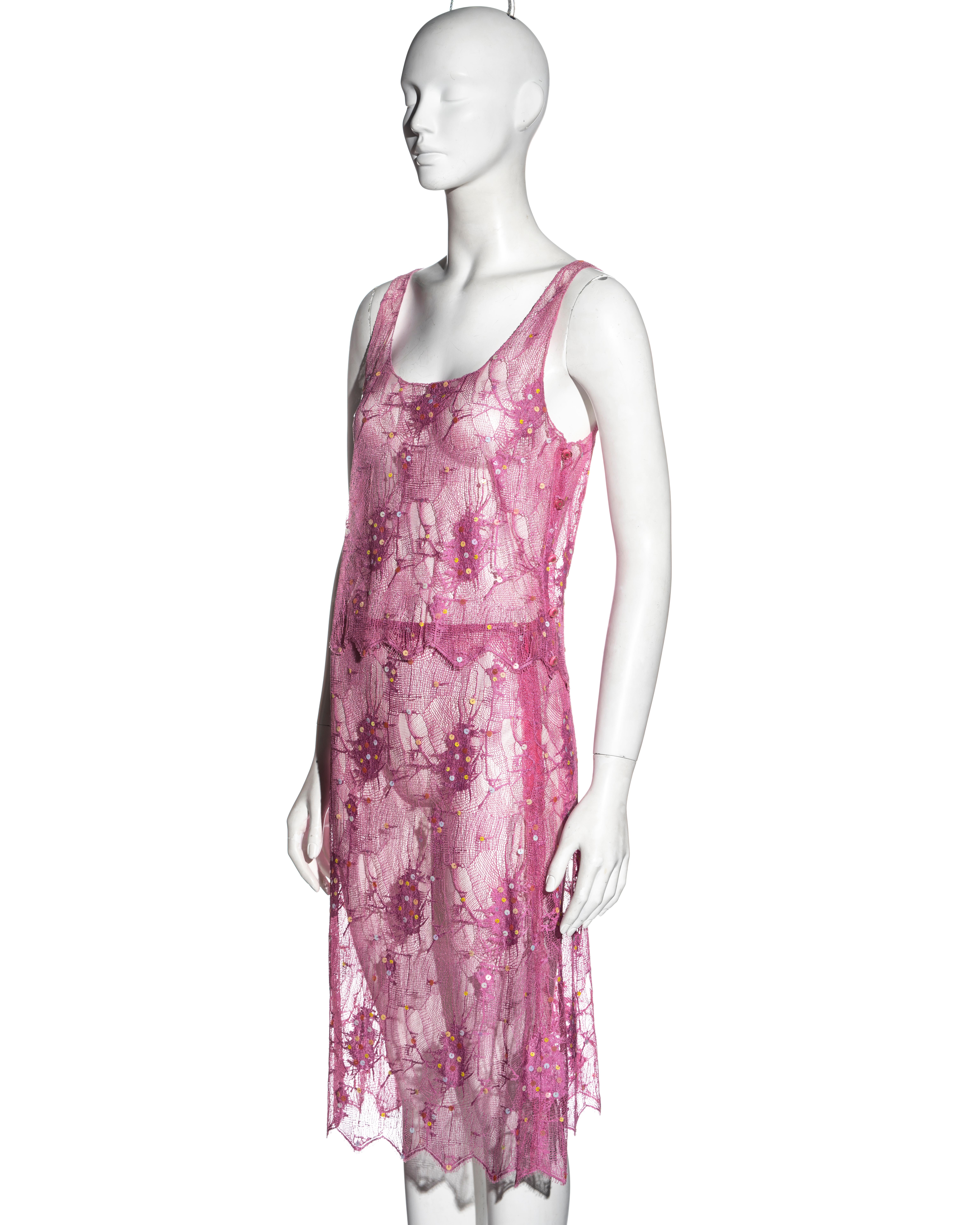 Women's Chanel by Karl Lagerfeld pink sequin lace top and skirt, ss 2000