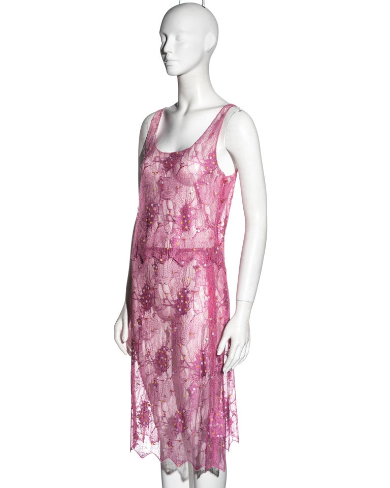 knee length dresses for ladies 1988 Chanel by Karl Lagerfeld Black Lace & Pink Polka-Dot Silk Dress main image 0