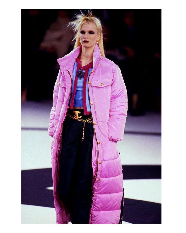 Women's Chanel by Karl Lagerfeld pink silk puffer coat with Gripoix buttons, fw 1996