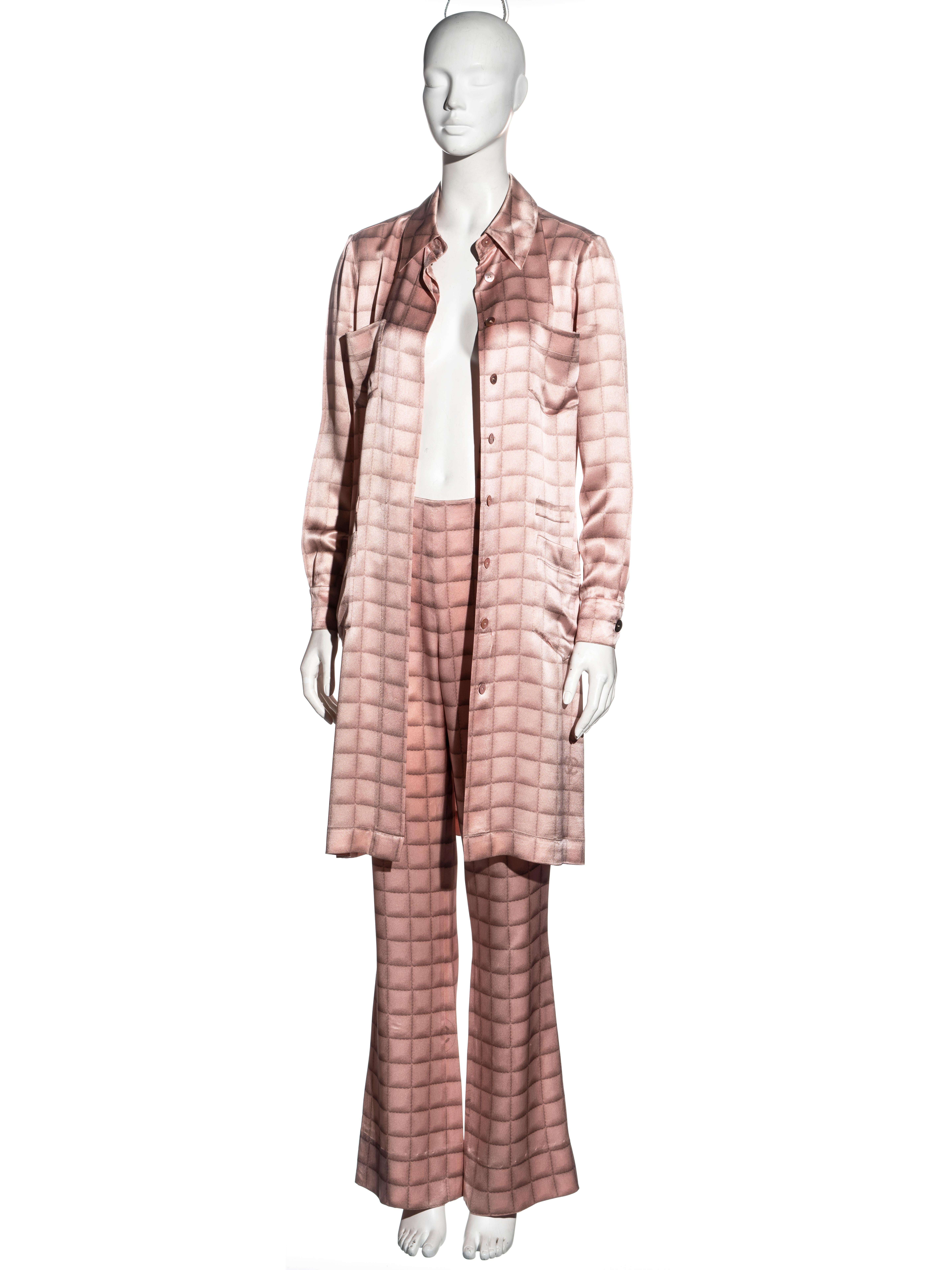 Beige Chanel by Karl Lagerfeld pink silk shirt dress and pants suit, fw 2000
