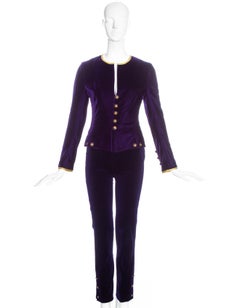 Chanel by Karl Lagerfeld purple velvet pant suit with gold trim, fw 1993