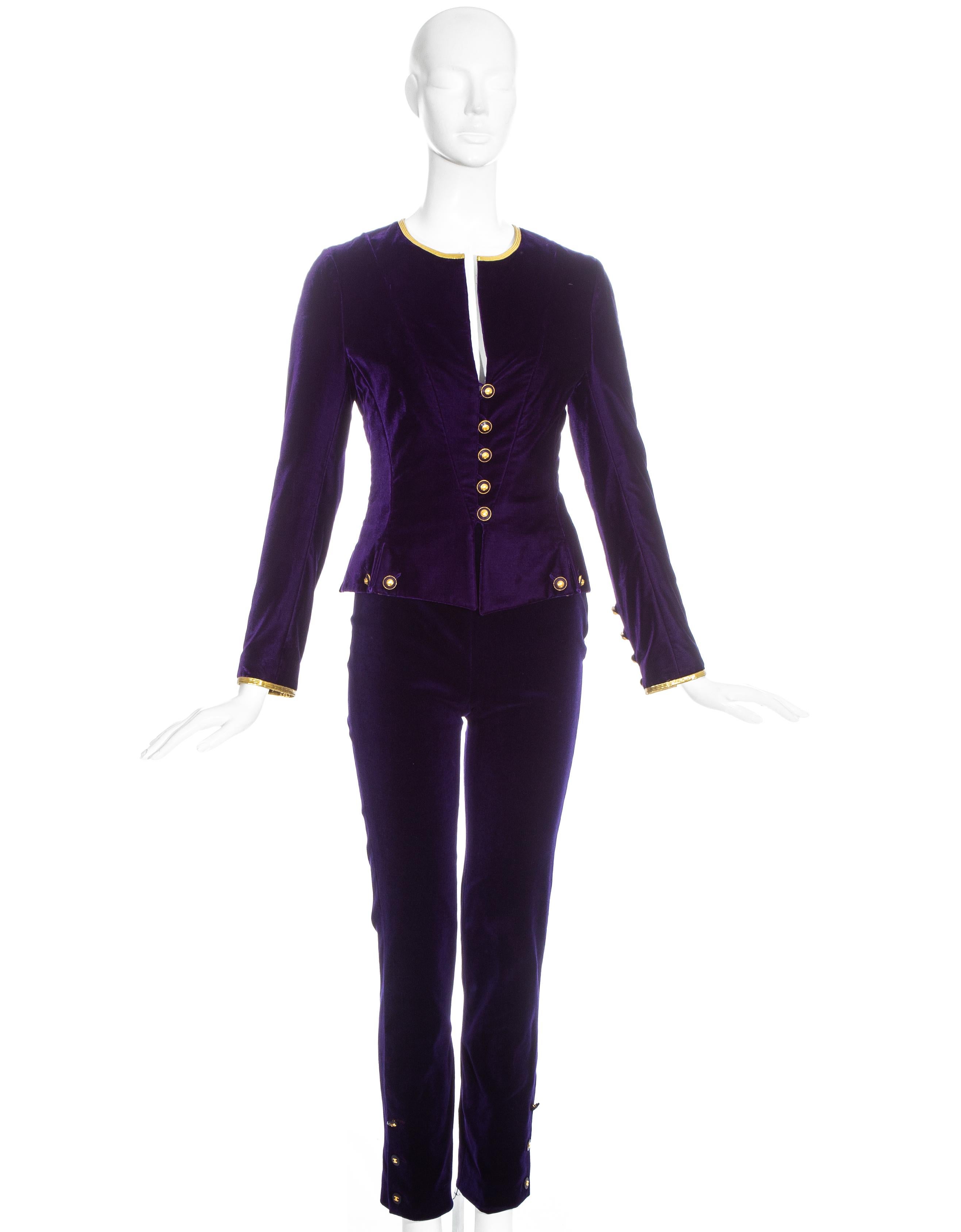 Black Chanel by Karl Lagerfeld purple velvet pant suit with gold trim, fw 1993 For Sale