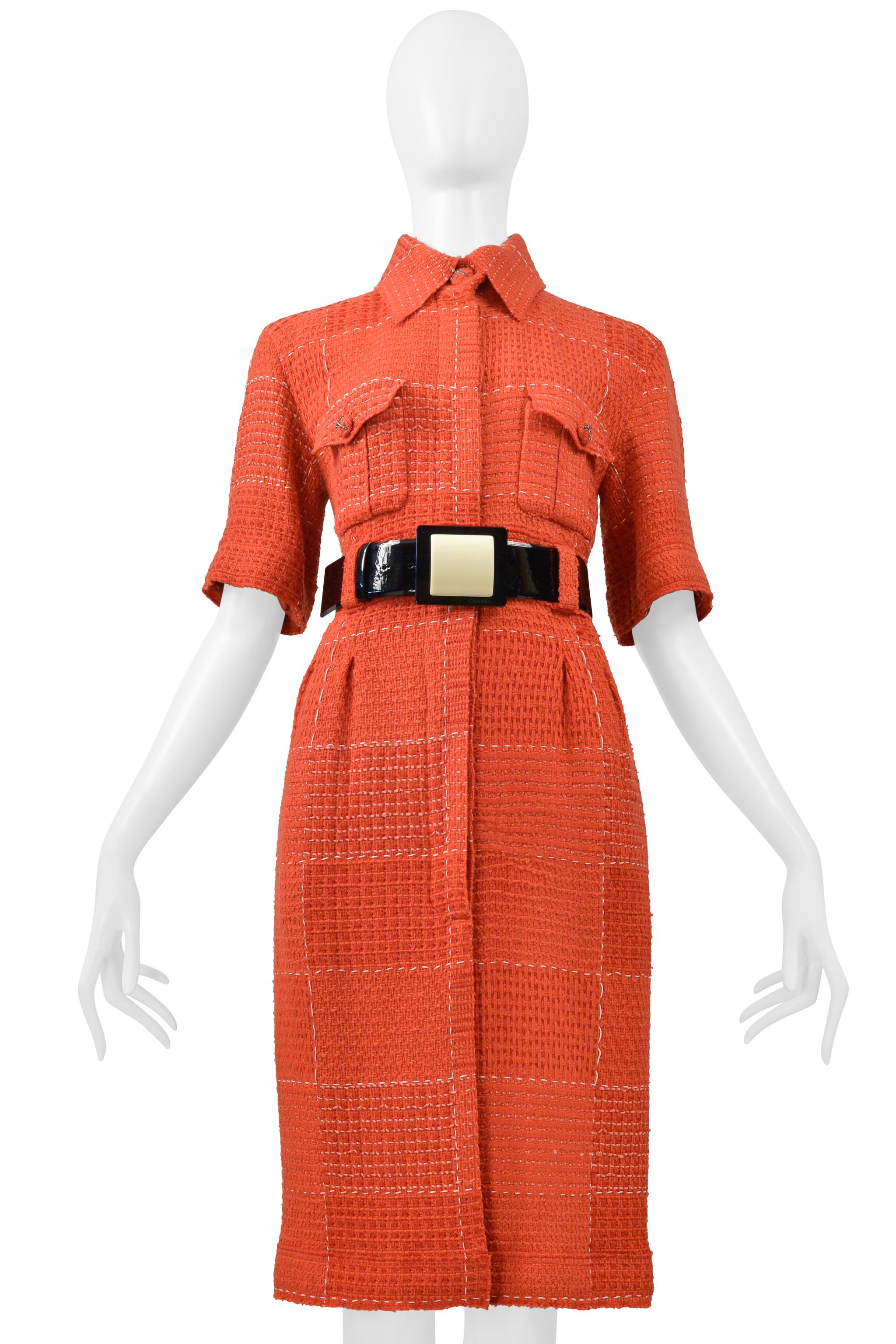 Chanel By Karl Lagerfeld Red Tweed Day Dress With Fancy Belt 2007 In Excellent Condition For Sale In Los Angeles, CA