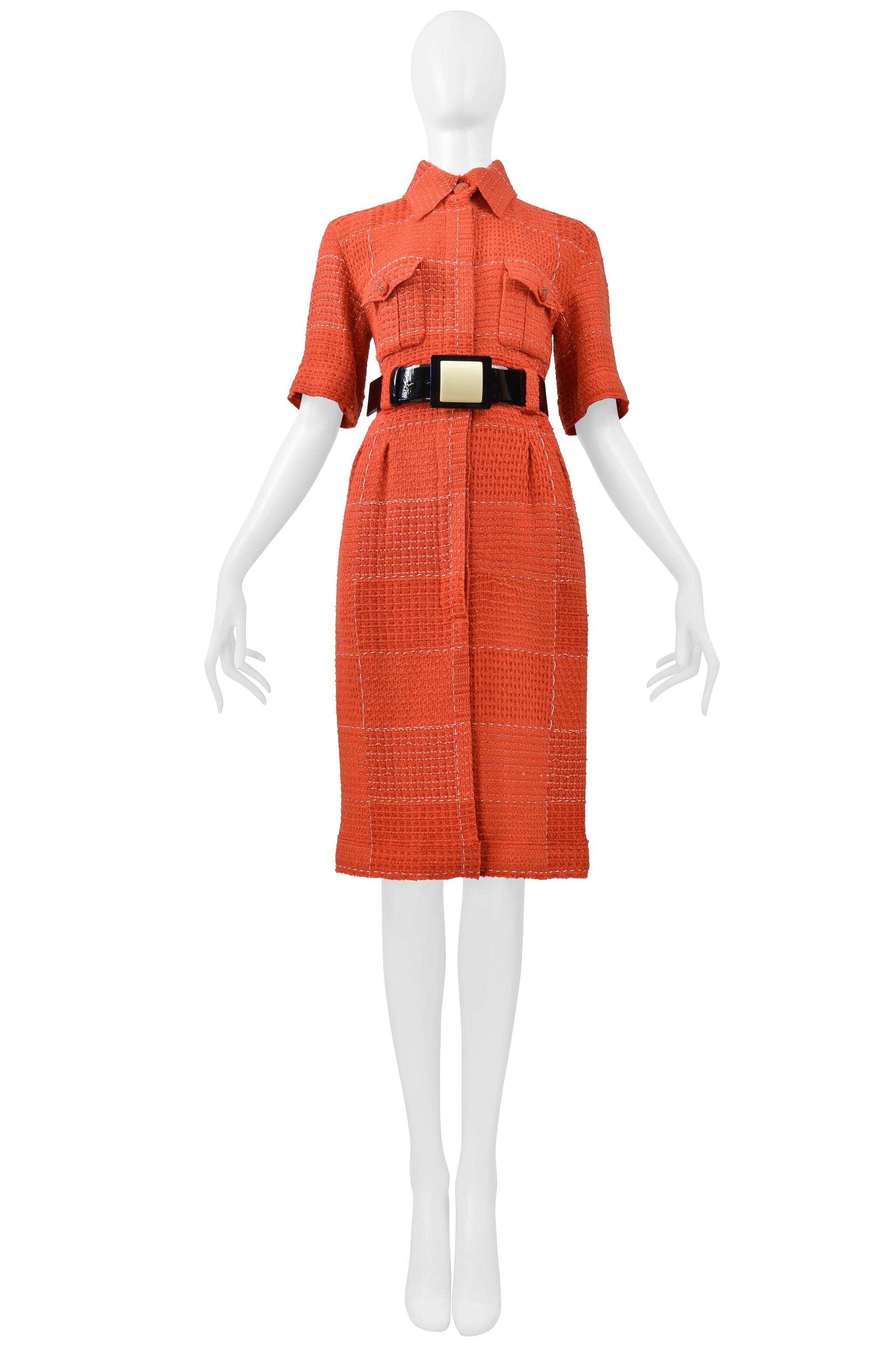 Women's Chanel By Karl Lagerfeld Red Tweed Day Dress With Fancy Belt 2007 For Sale