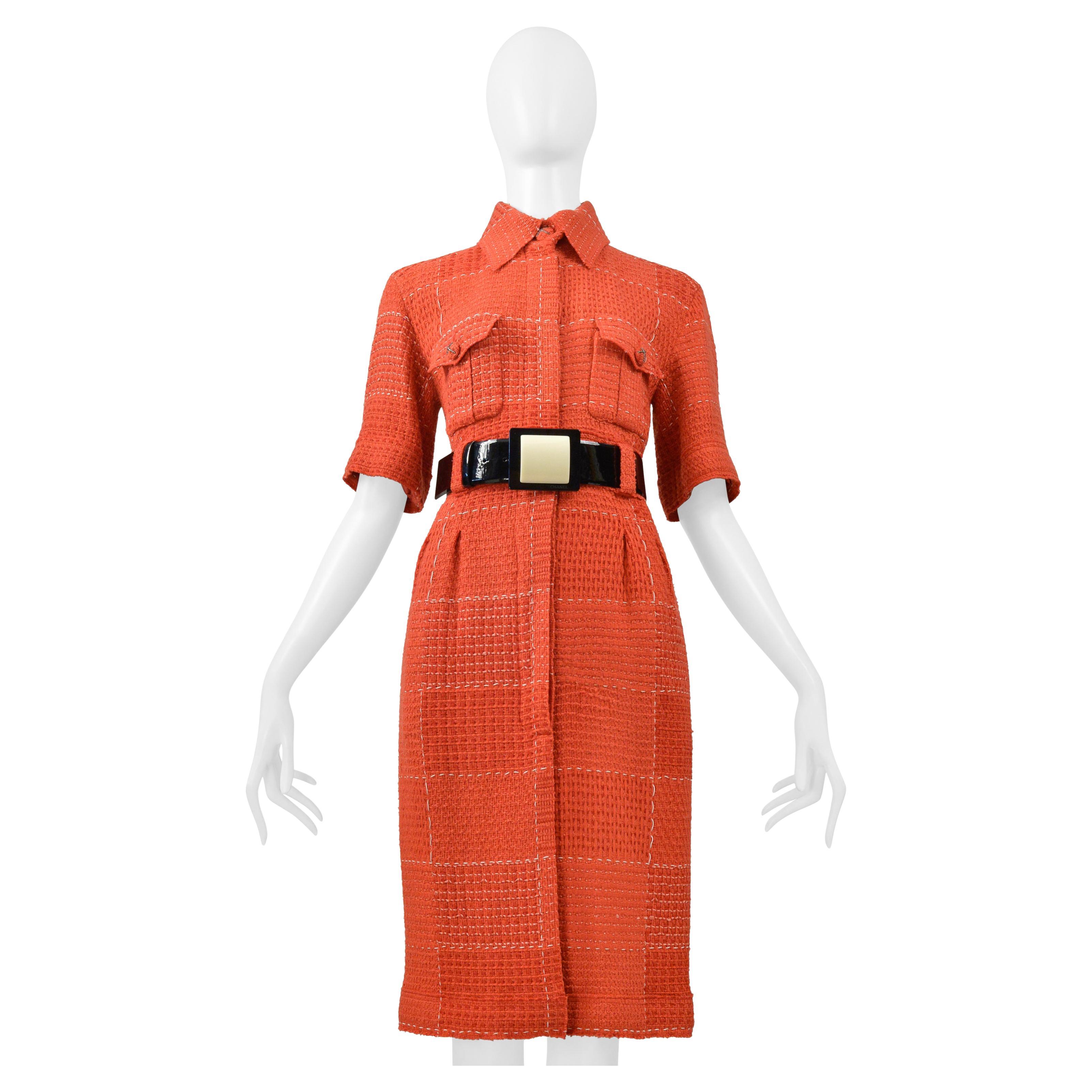 Chanel By Karl Lagerfeld Red Tweed Day Dress With Fancy Belt 2007 For Sale