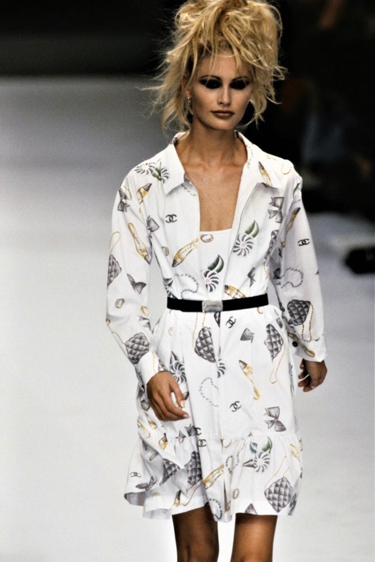 Runway Chanel Fendi Designer Chanel By Karl Lagerfeld Runway Bow Print  Shirt Dress, Spring-Summer 1996