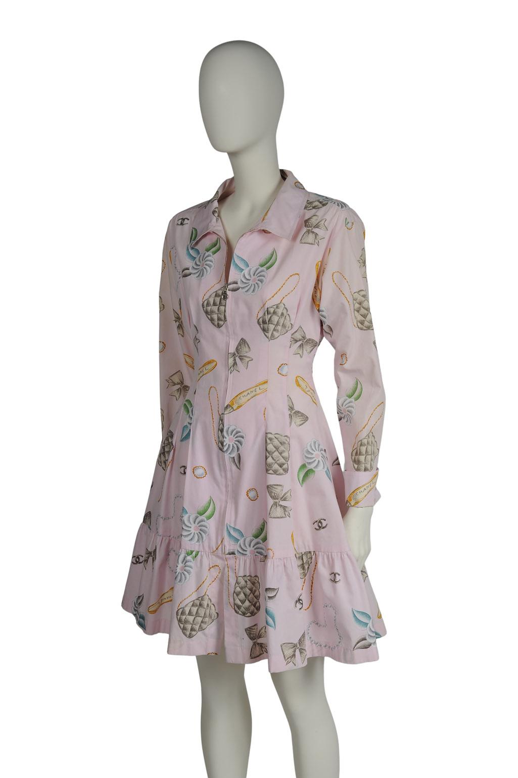 Chanel By Karl Lagerfeld Runway Bow Print Shirt Dress, Spring-Summer 1996 For Sale 2