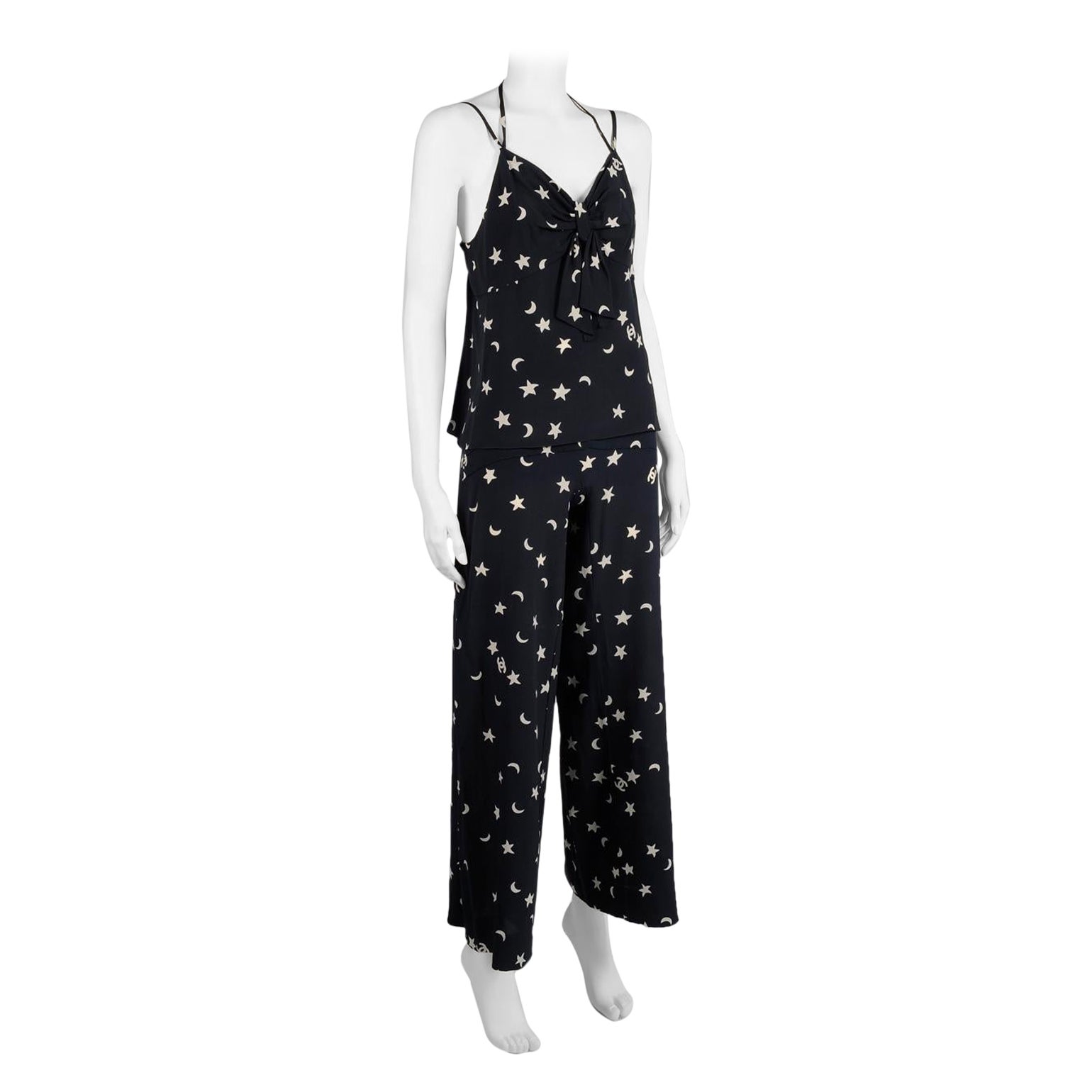 Chanel By Karl Lagerfeld Runway Star & Moon CC Logo Printed Silk Ensemble SS2008 en vente