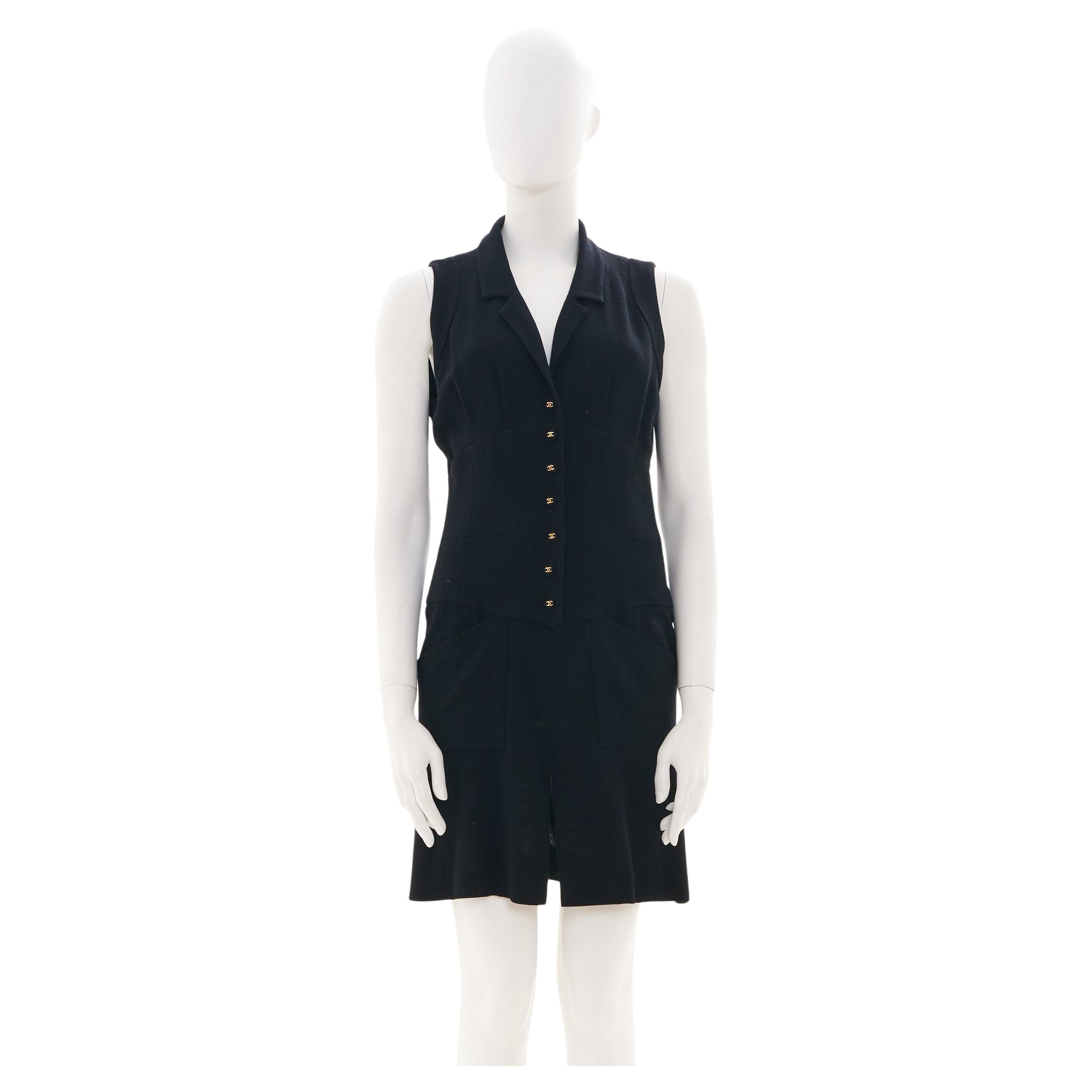Chanel by Karl Lagerfeld S/S 1995 Midi Black Sleeveless Dress with Button For Sale