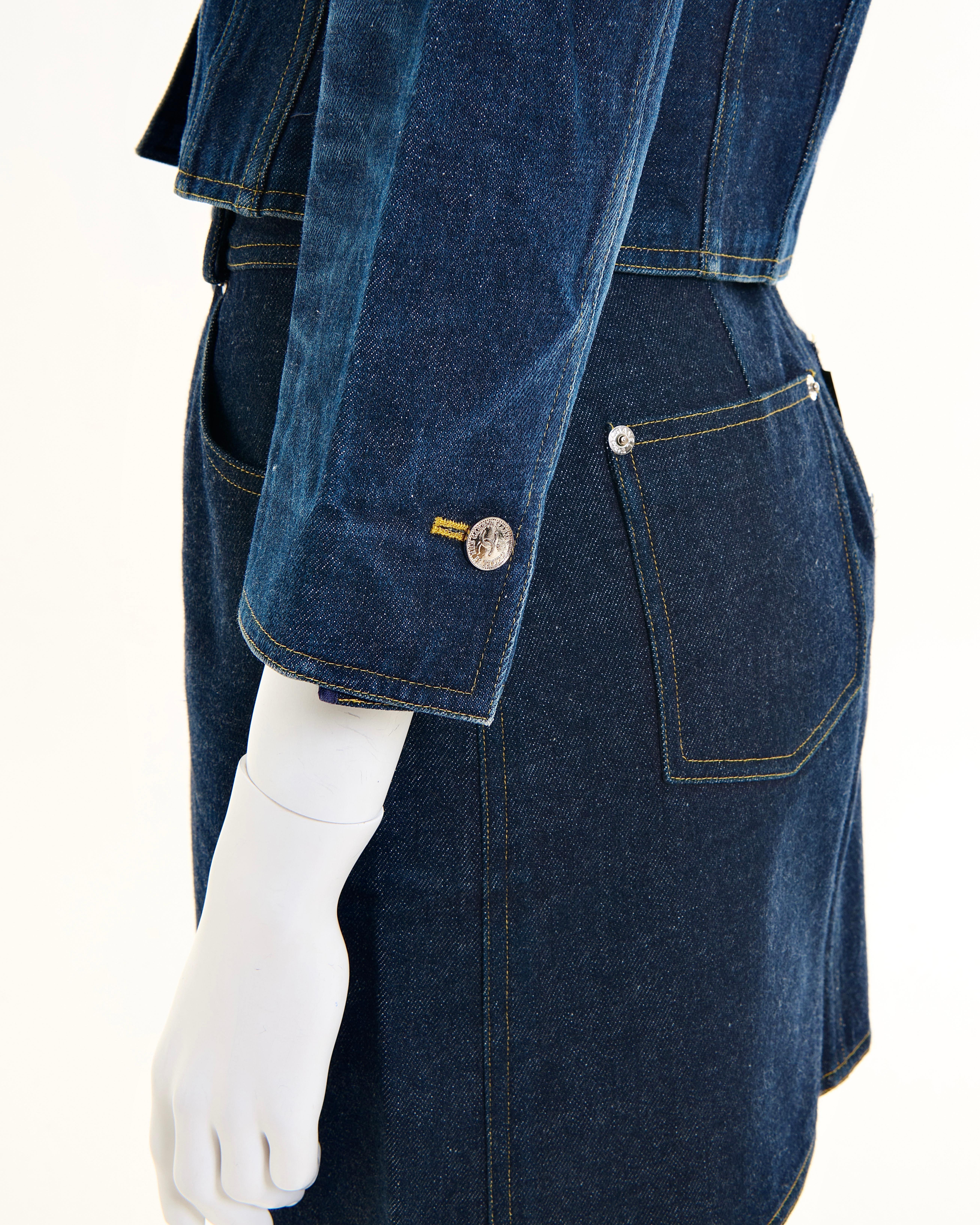 Chanel by Karl Lagerfeld S/S 1996 Blue denim indigo jacket and mini skirt set For Sale 7