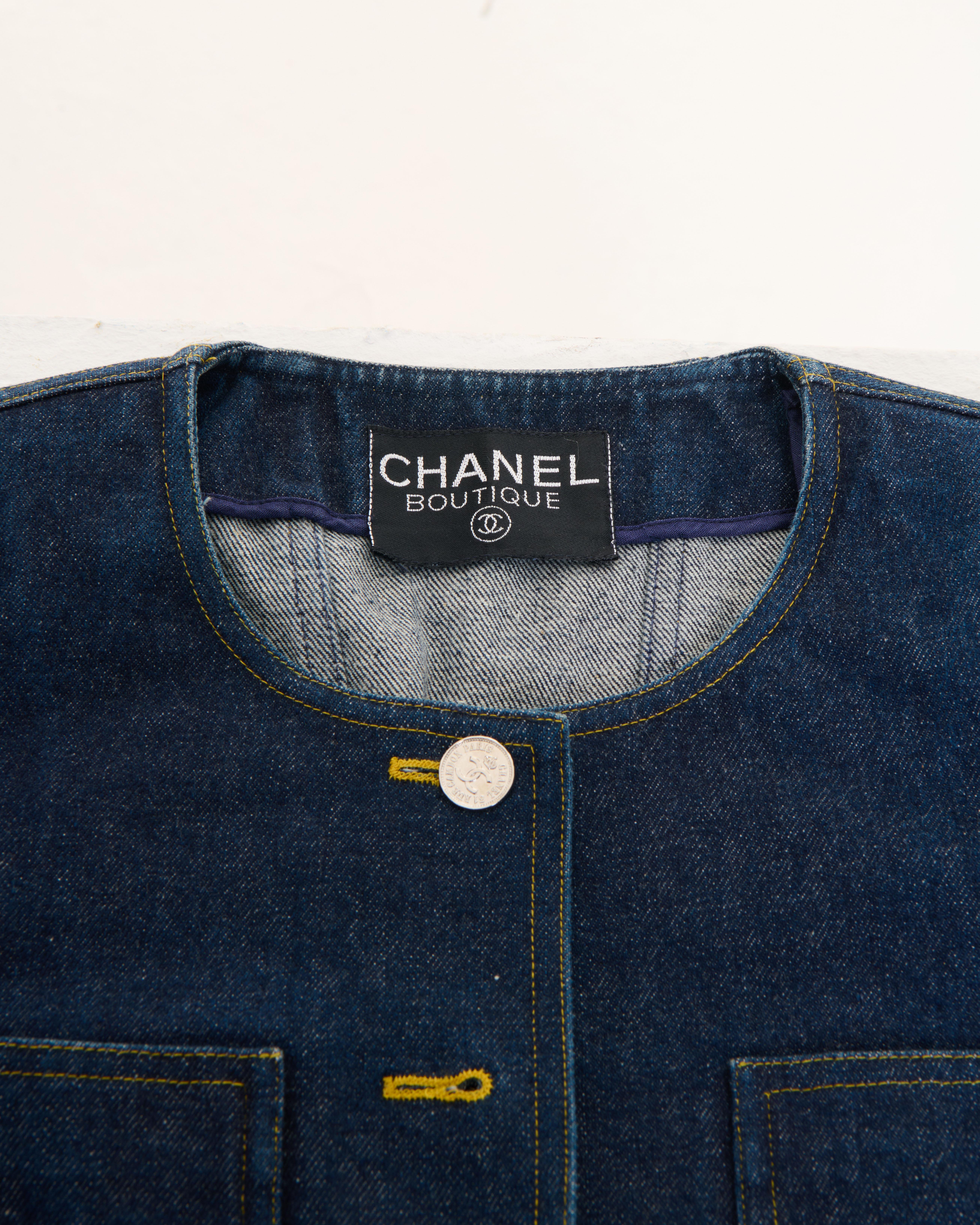 Chanel by Karl Lagerfeld S/S 1996 Blue denim indigo jacket and mini skirt set For Sale 9