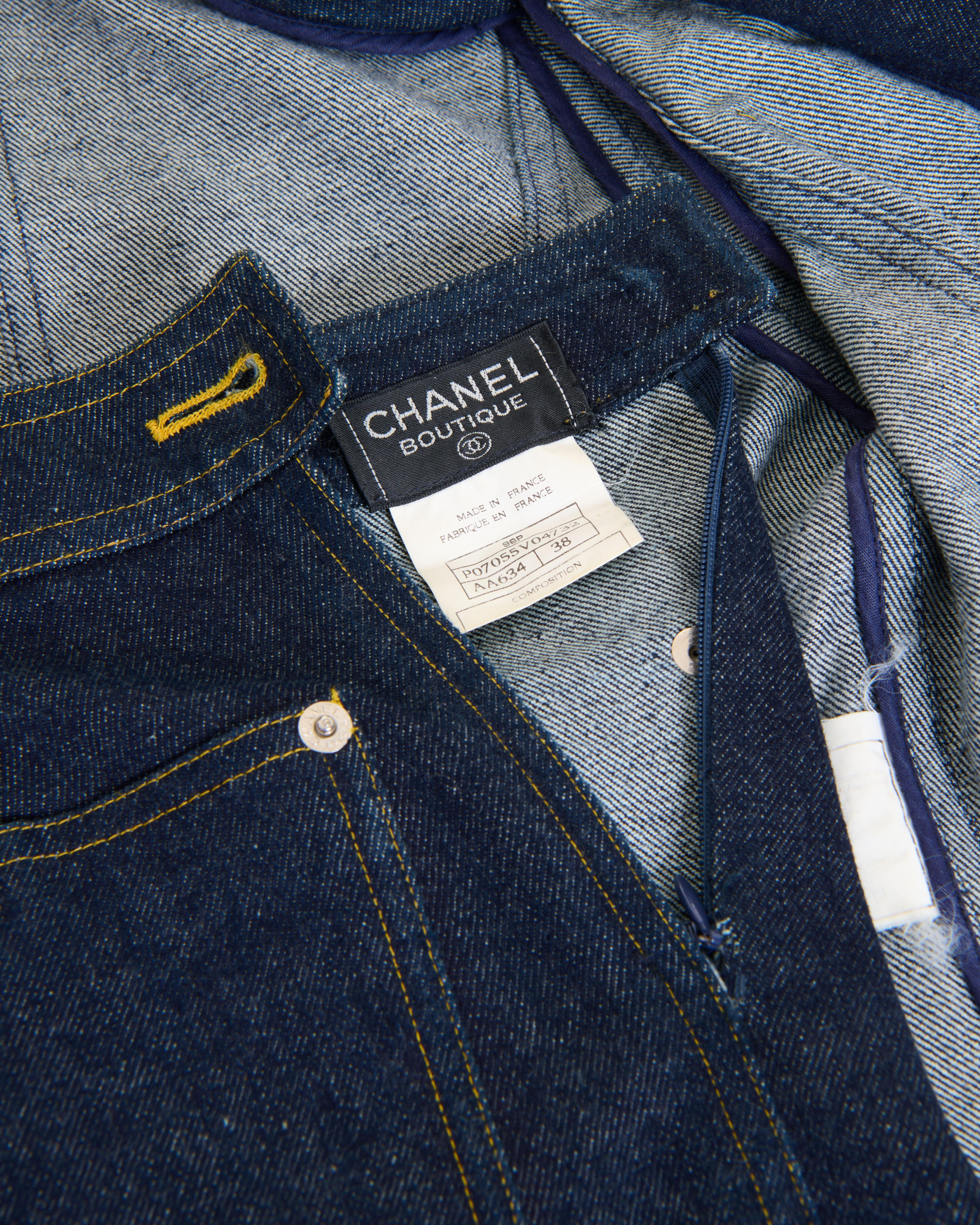 Chanel by Karl Lagerfeld S/S 1996 Blue denim indigo jacket and mini skirt set For Sale 10