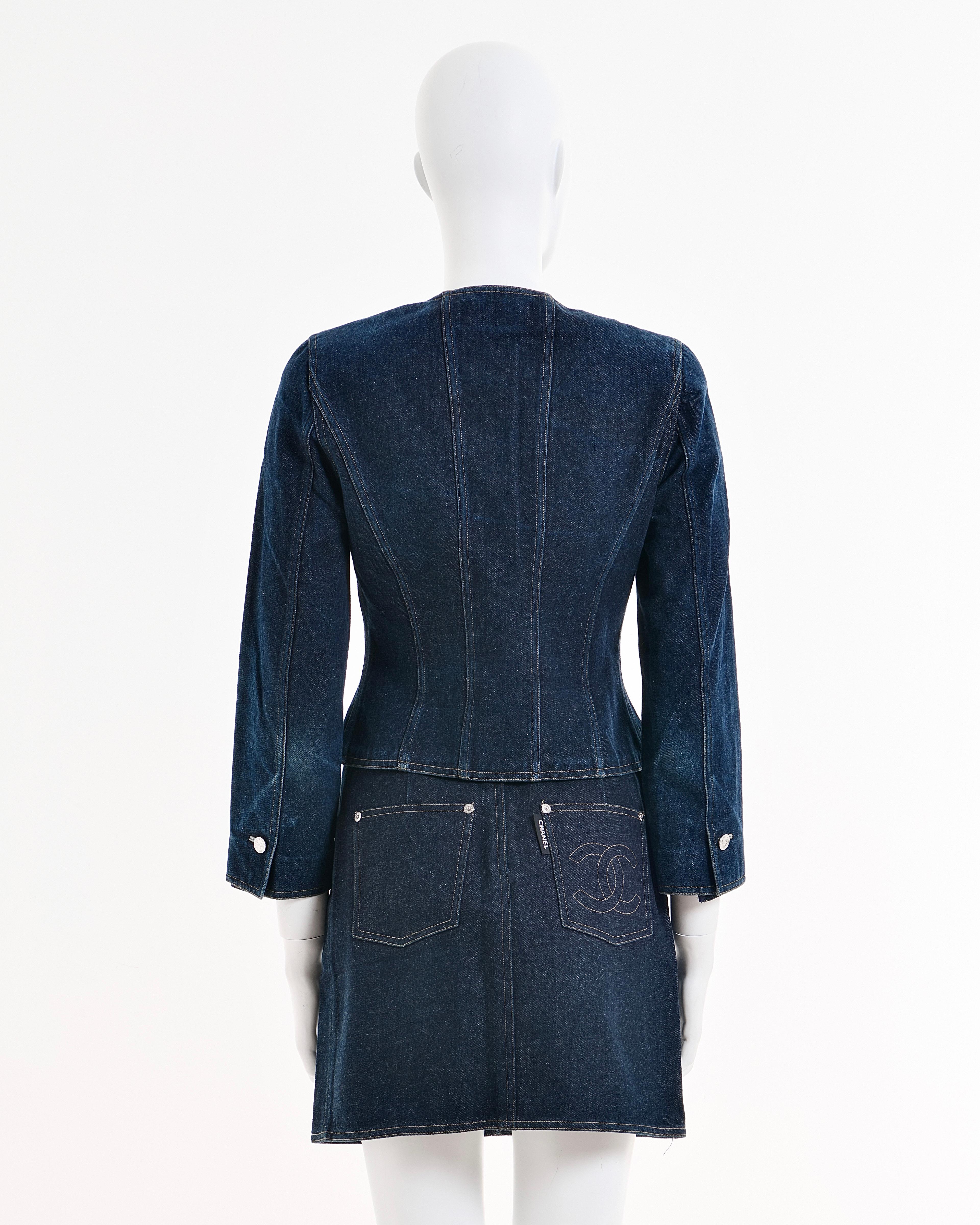 Chanel by Karl Lagerfeld S/S 1996 Blue denim indigo jacket and mini skirt set For Sale 1
