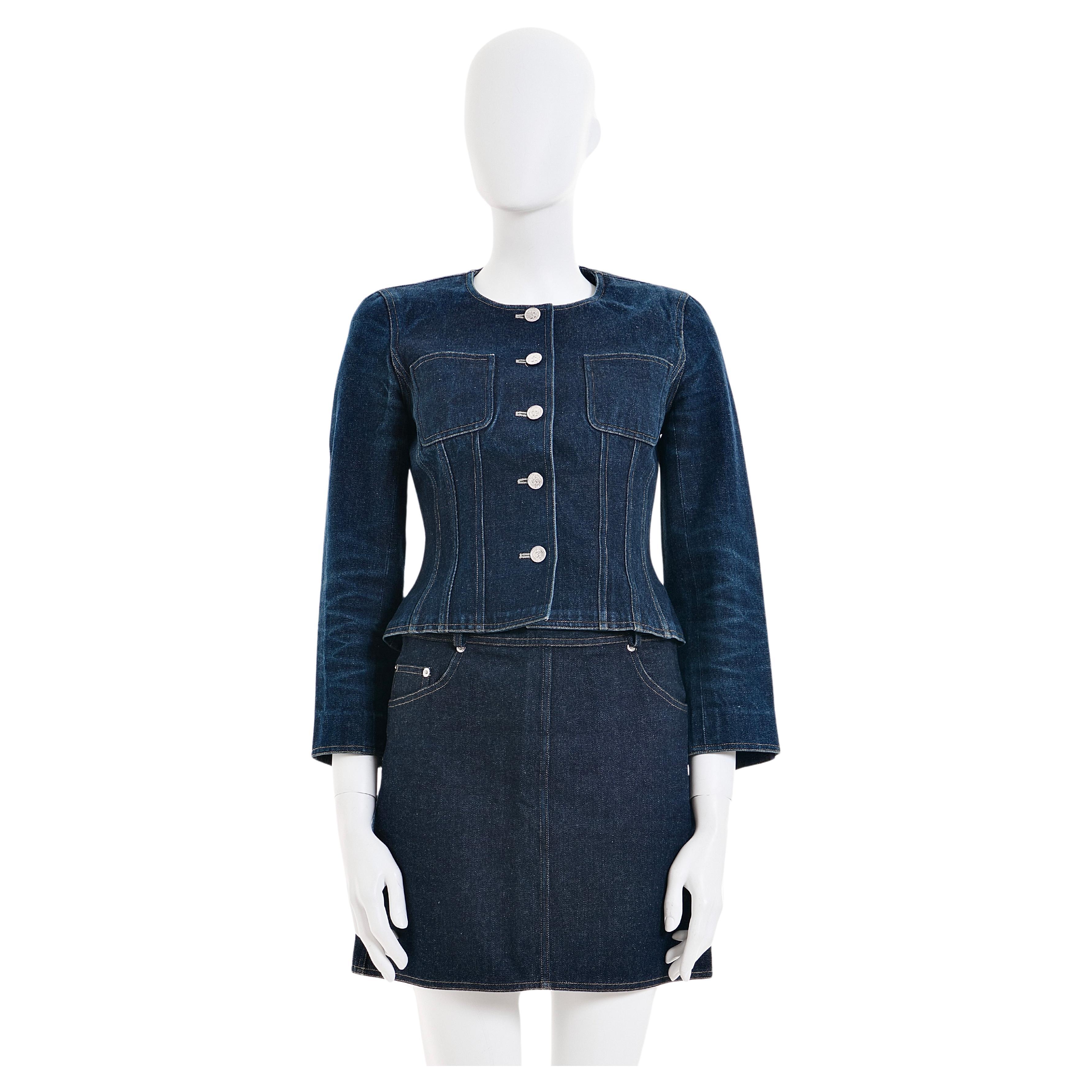 Chanel by Karl Lagerfeld S/S 1996 Blue denim indigo jacket and mini skirt set For Sale