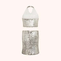 Chanel by Karl Lagerfeld S/S 2000 Silver Sequin Halter Top & Skirt Set