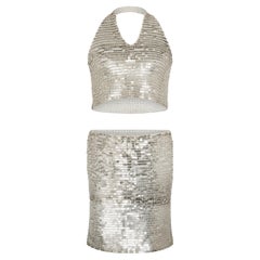 Chanel by Karl Lagerfeld S/S 2000 Silbernes Pailletten-Träger-Top & Rock-Set