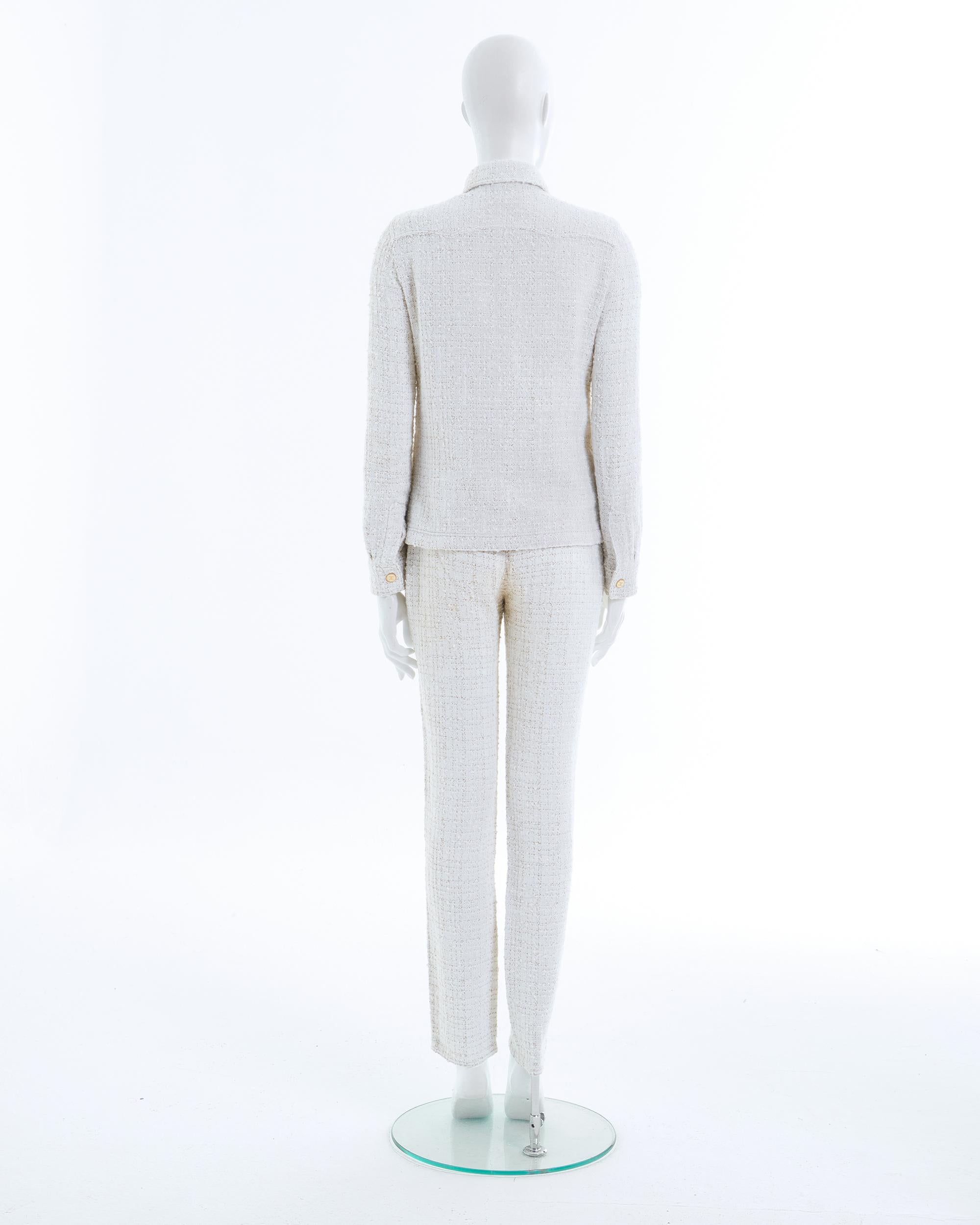 Chanel by Karl Lagerfeld S/S 2001 Off-White bouclé shirt jacket and pants set  For Sale 1