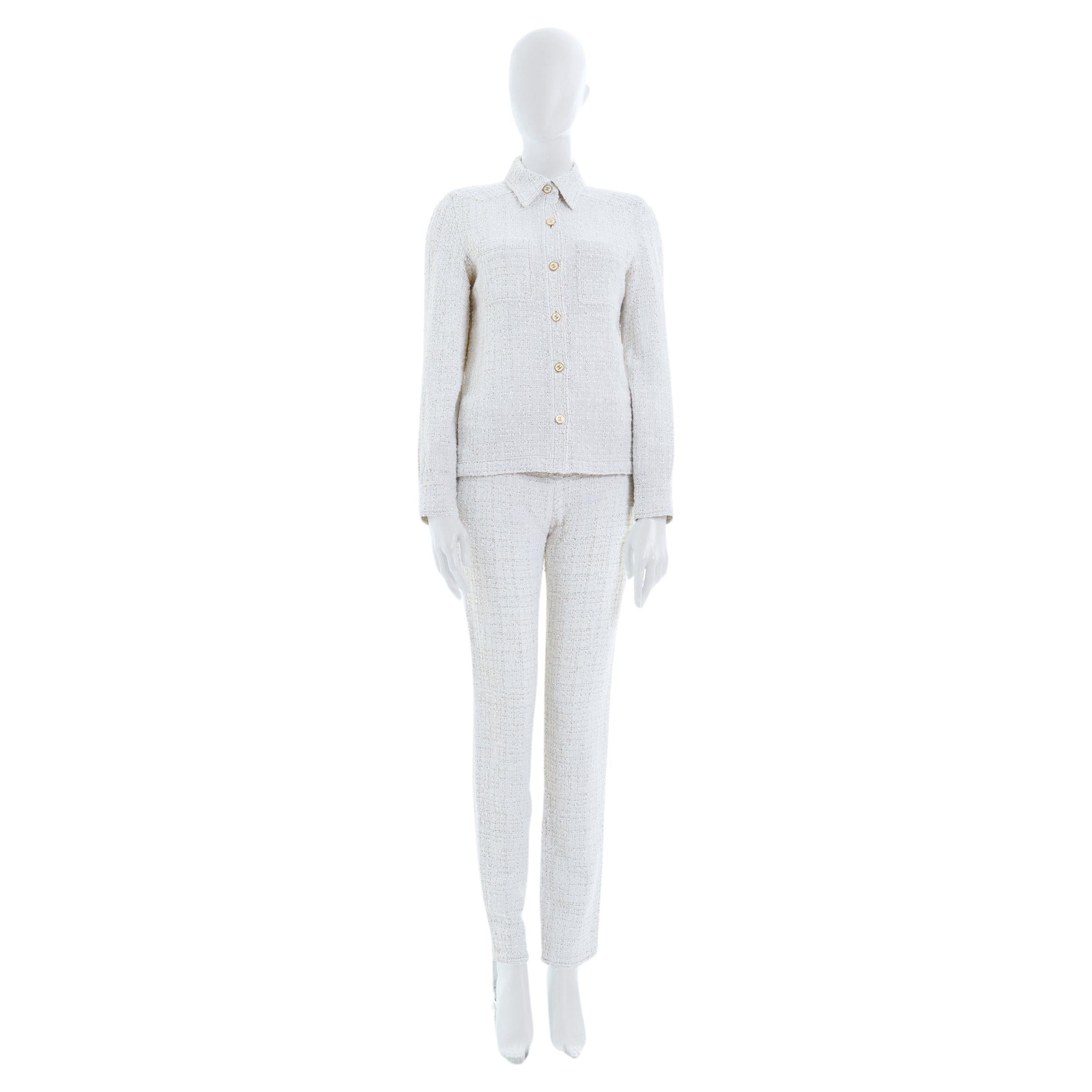 Chanel by Karl Lagerfeld S/S 2001 Off-White bouclé shirt jacket and pants set  For Sale