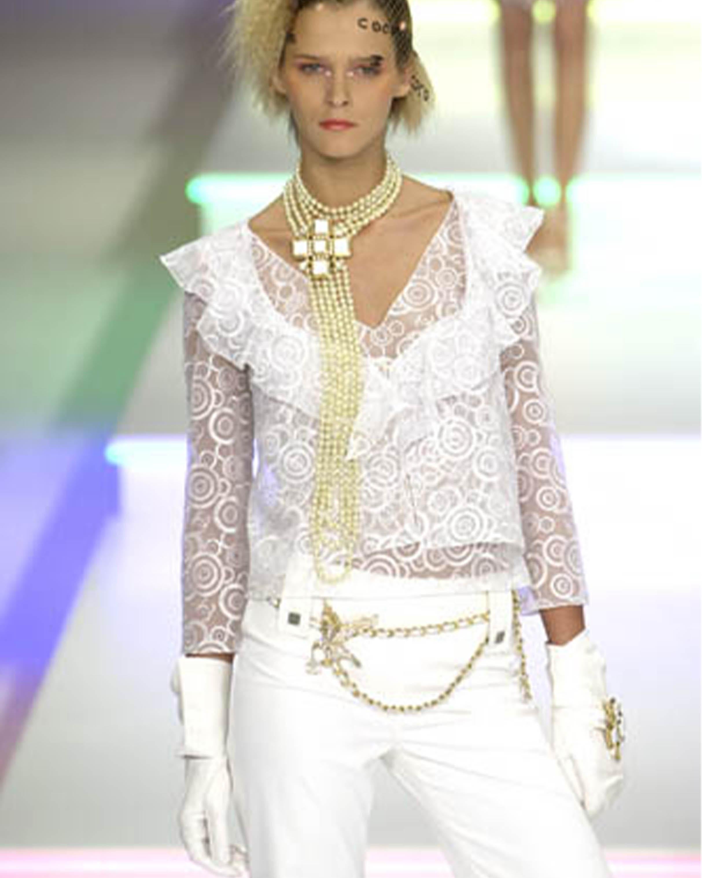 Chanel by Karl Lagerfeld S/S 2001 Pantalon évasé à taille haute en côtes blanches Excellent état - En vente à Milano, IT