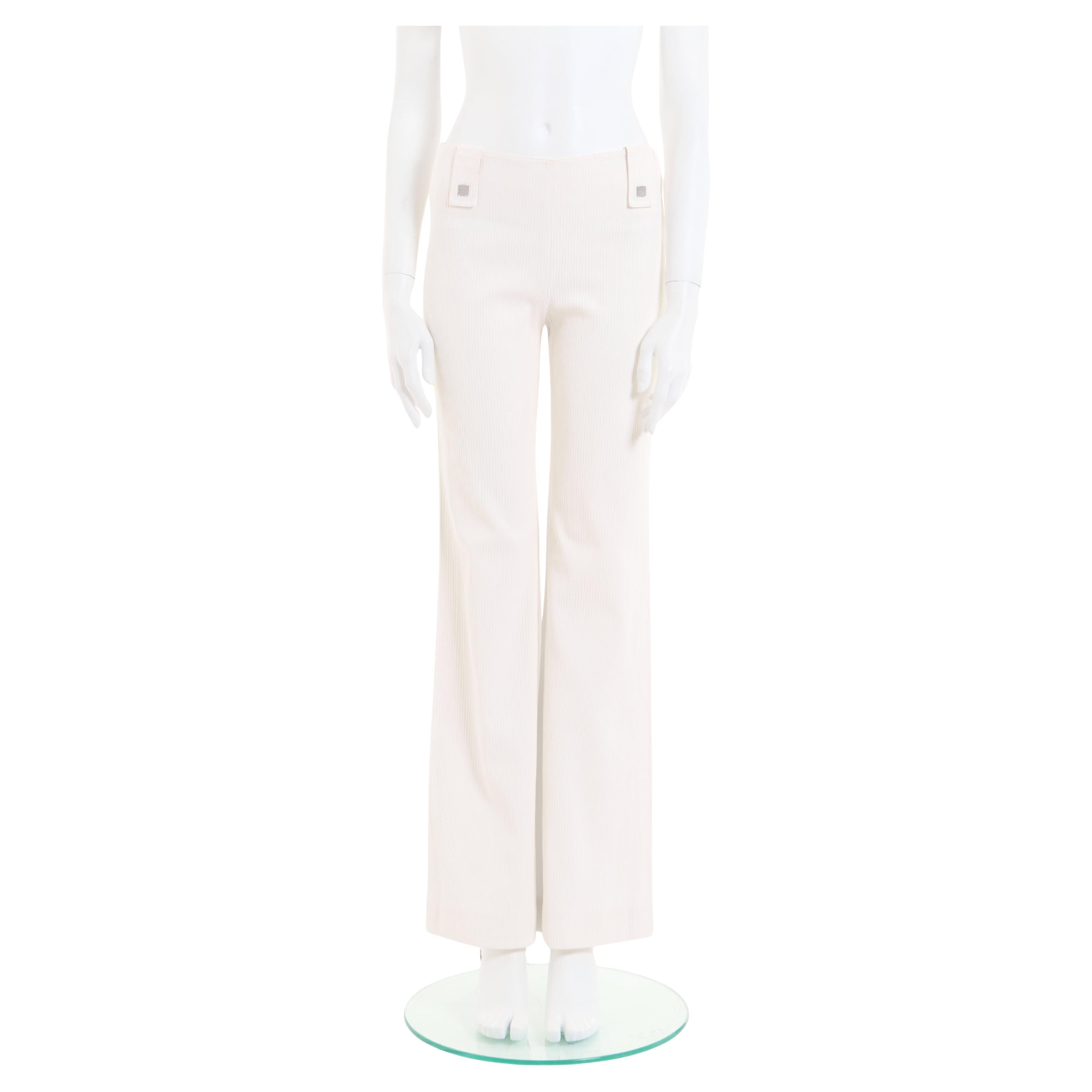 Chanel by Karl Lagerfeld S/S 2001 Pantalon évasé à taille haute en côtes blanches