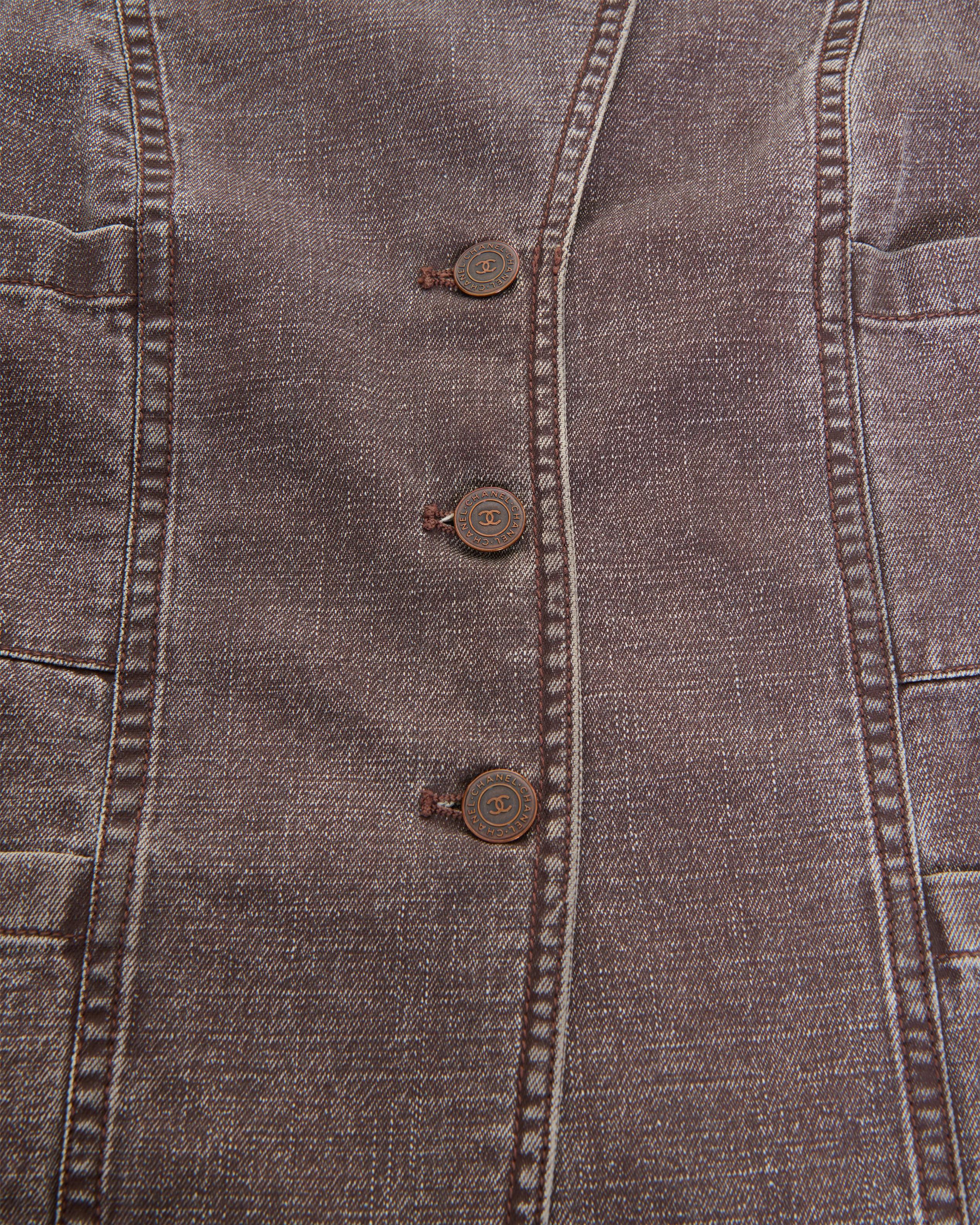 Chanel by Karl Lagerfeld S/S 2002 Brown slater denim jacket in vendita 1