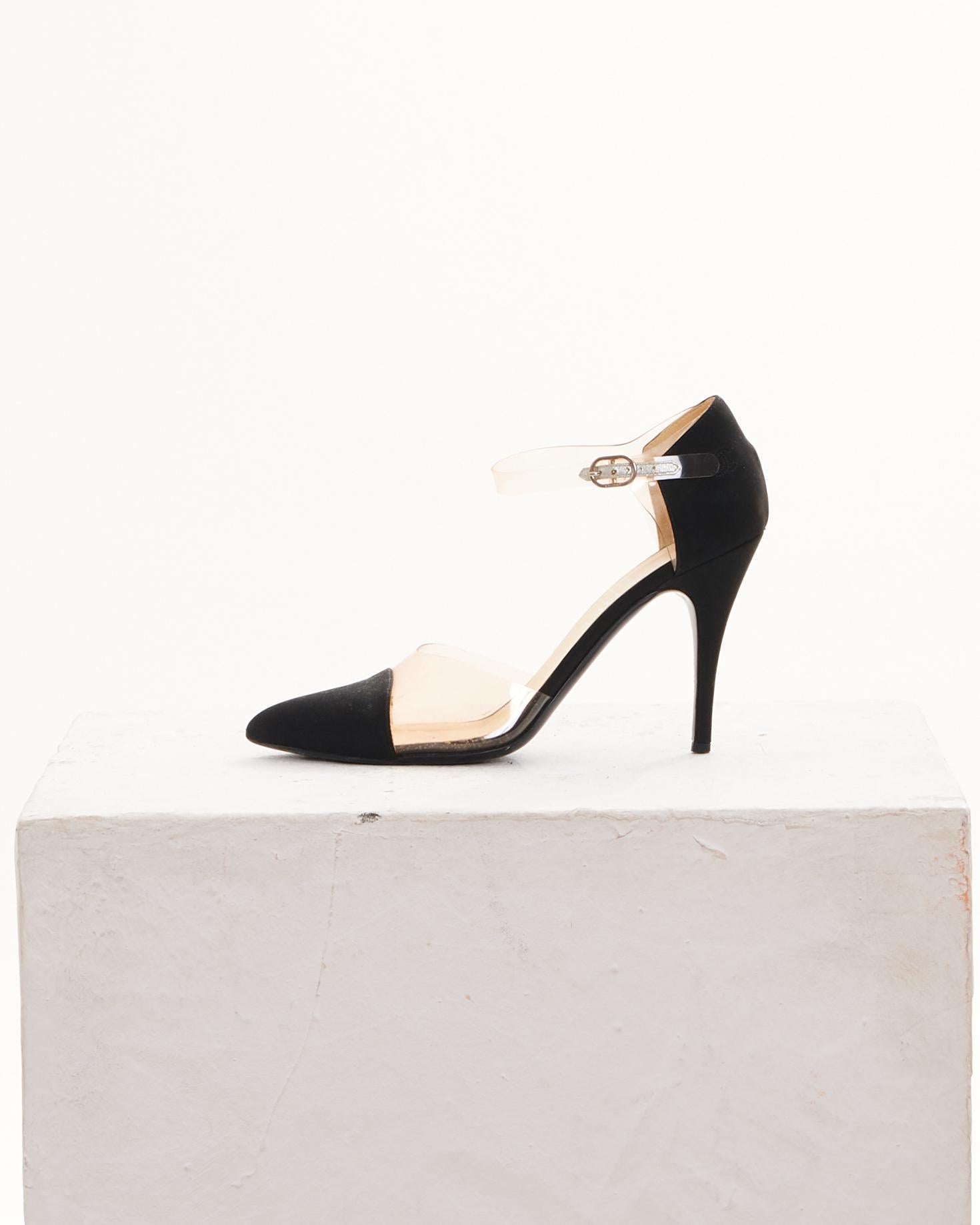 Beige Chanel by Karl Lagerfeld S/S 2013 Chanel Black Fabric and PVC Ankle Strap Pumps For Sale
