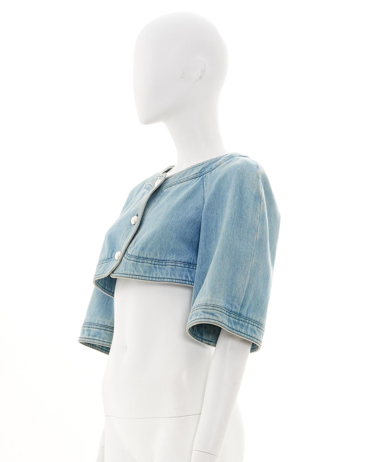 Gray Chanel by Karl Lagerfeld S/S 2013 Light blue denim cropped jacket with peal but For Sale