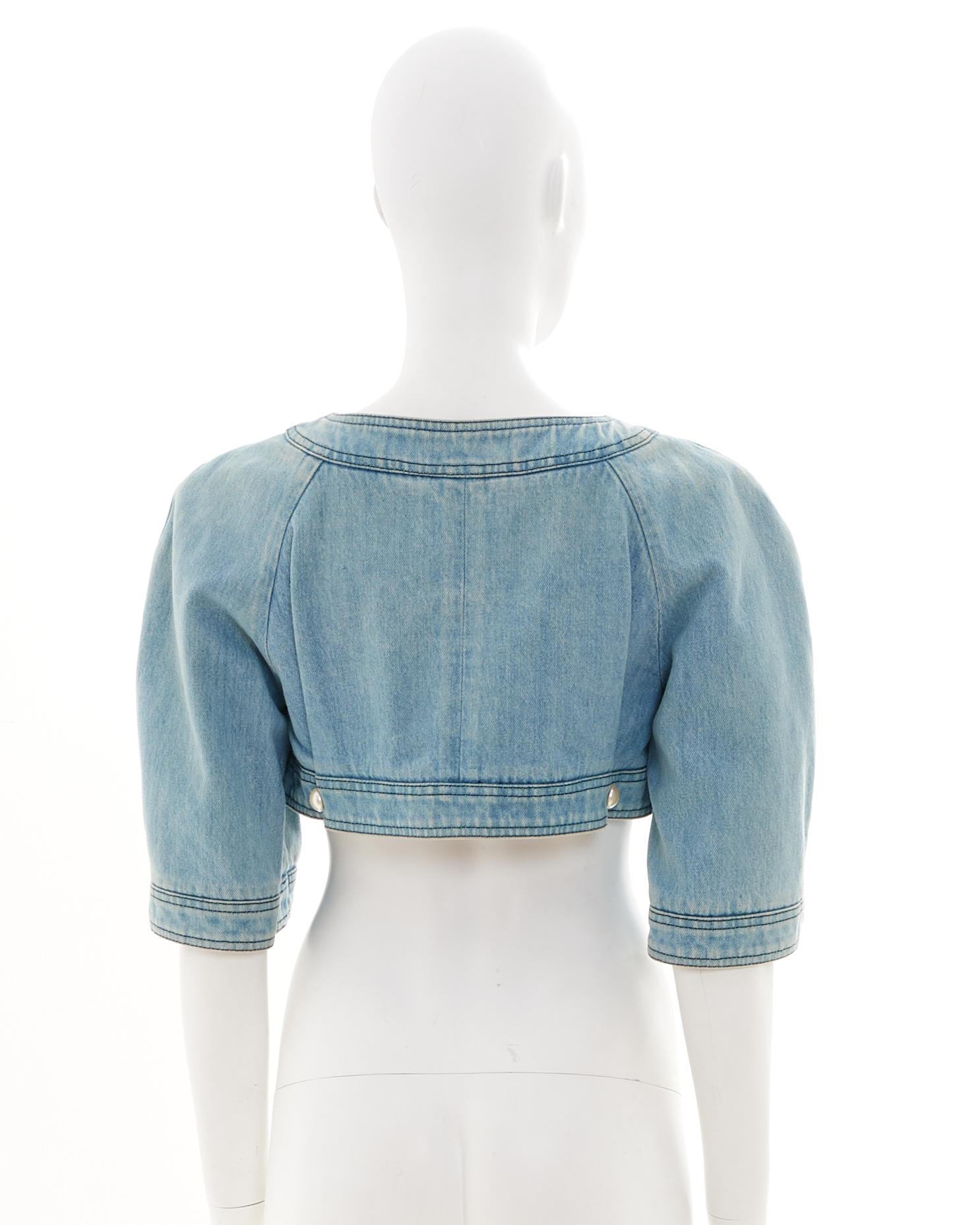 Chanel by Karl Lagerfeld S/S 2013 Light blue denim cropped jacket with peal but In Excellent Condition For Sale In Milano, IT