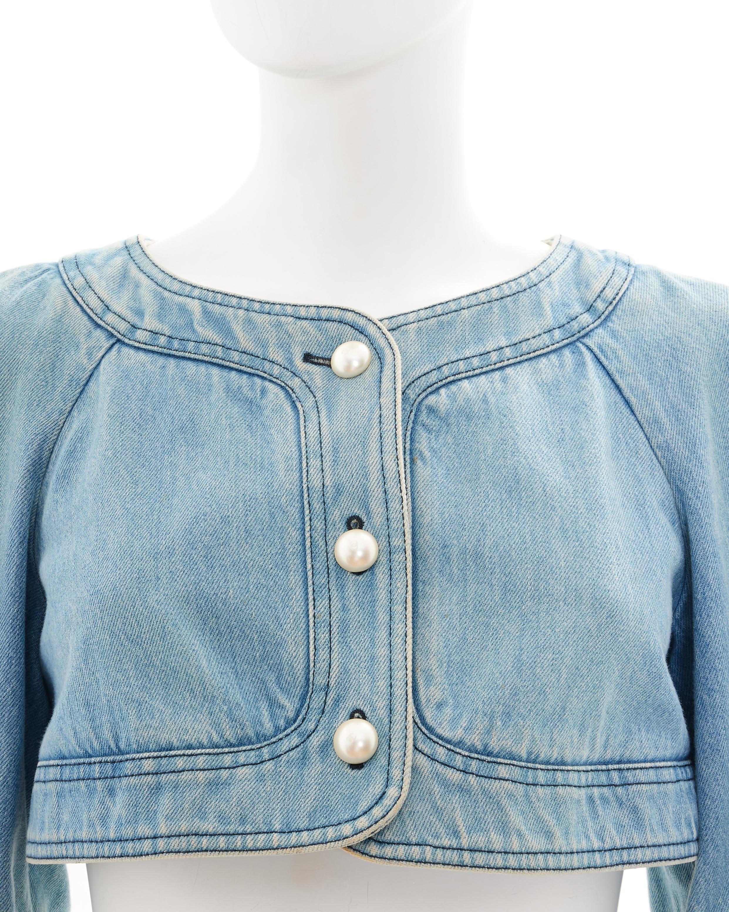 Chanel by Karl Lagerfeld S/S 2013 Light blue denim cropped jacket with peal but For Sale 1