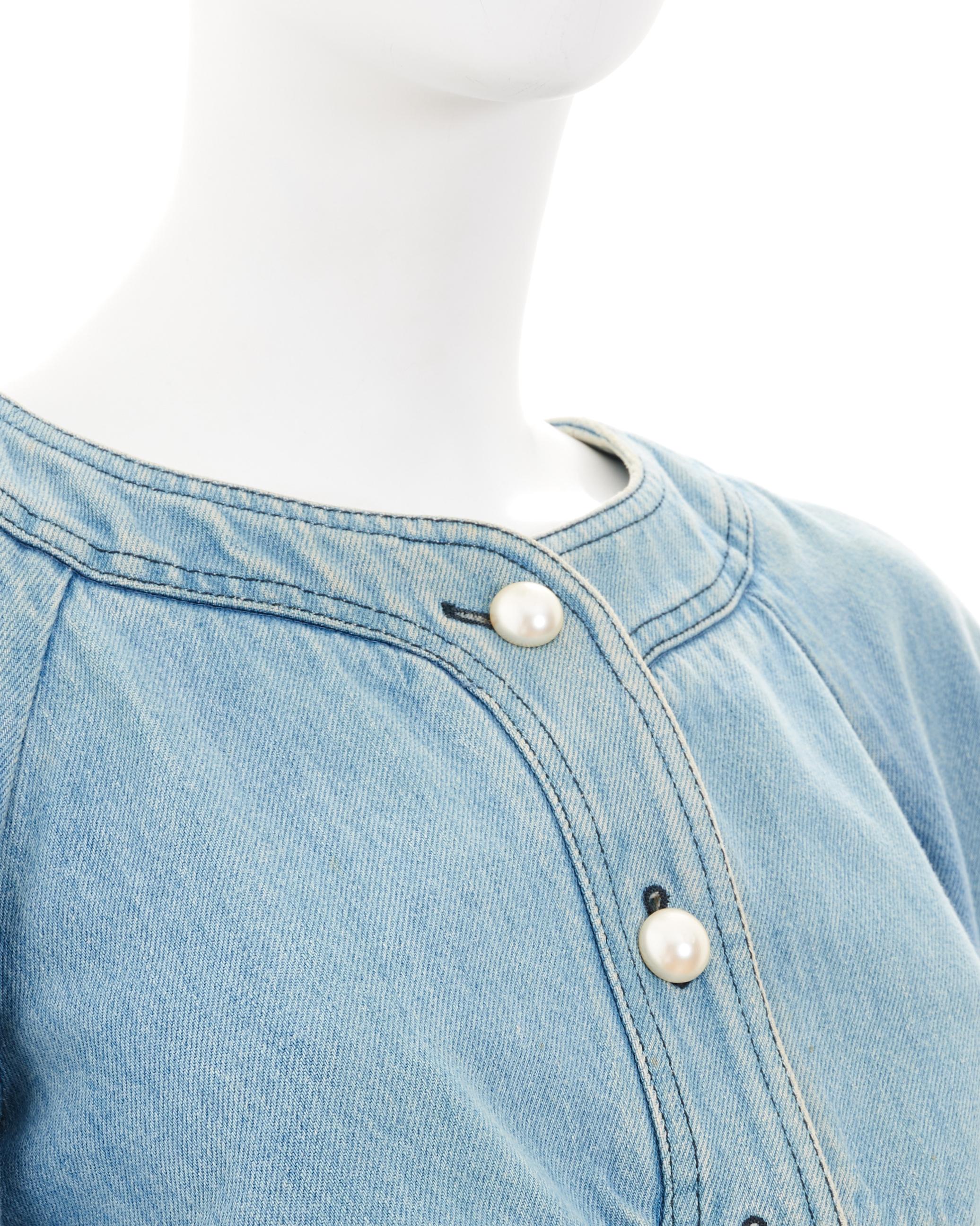 Chanel by Karl Lagerfeld S/S 2013 Light blue denim cropped jacket with peal but For Sale 2