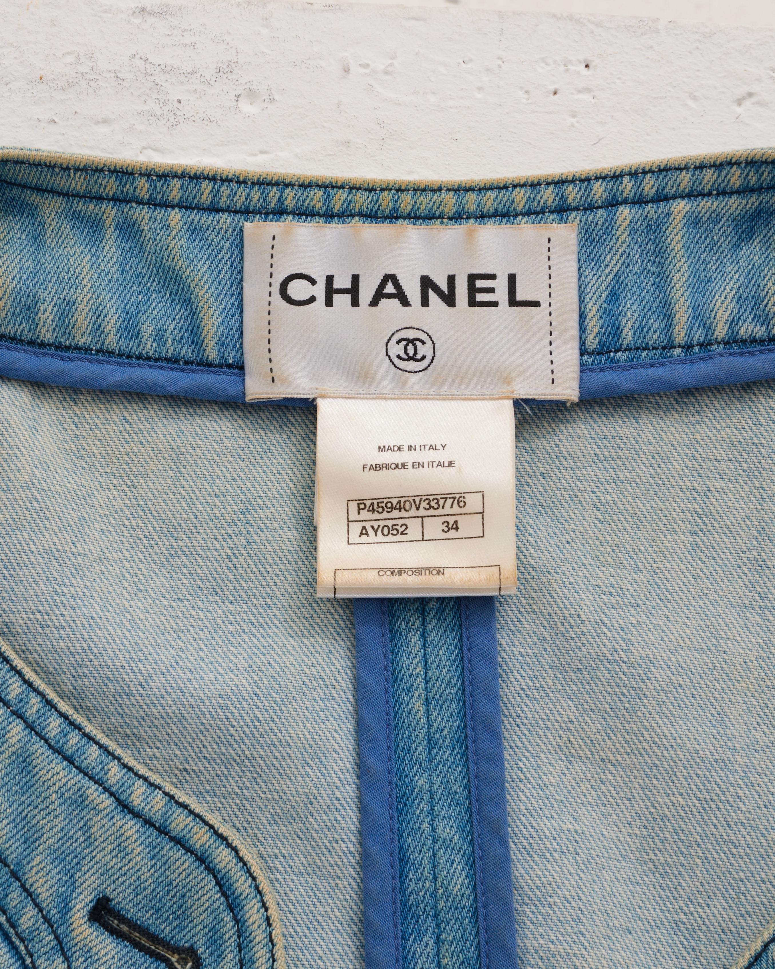 Chanel by Karl Lagerfeld S/S 2013 Light blue denim cropped jacket with peal but For Sale 3
